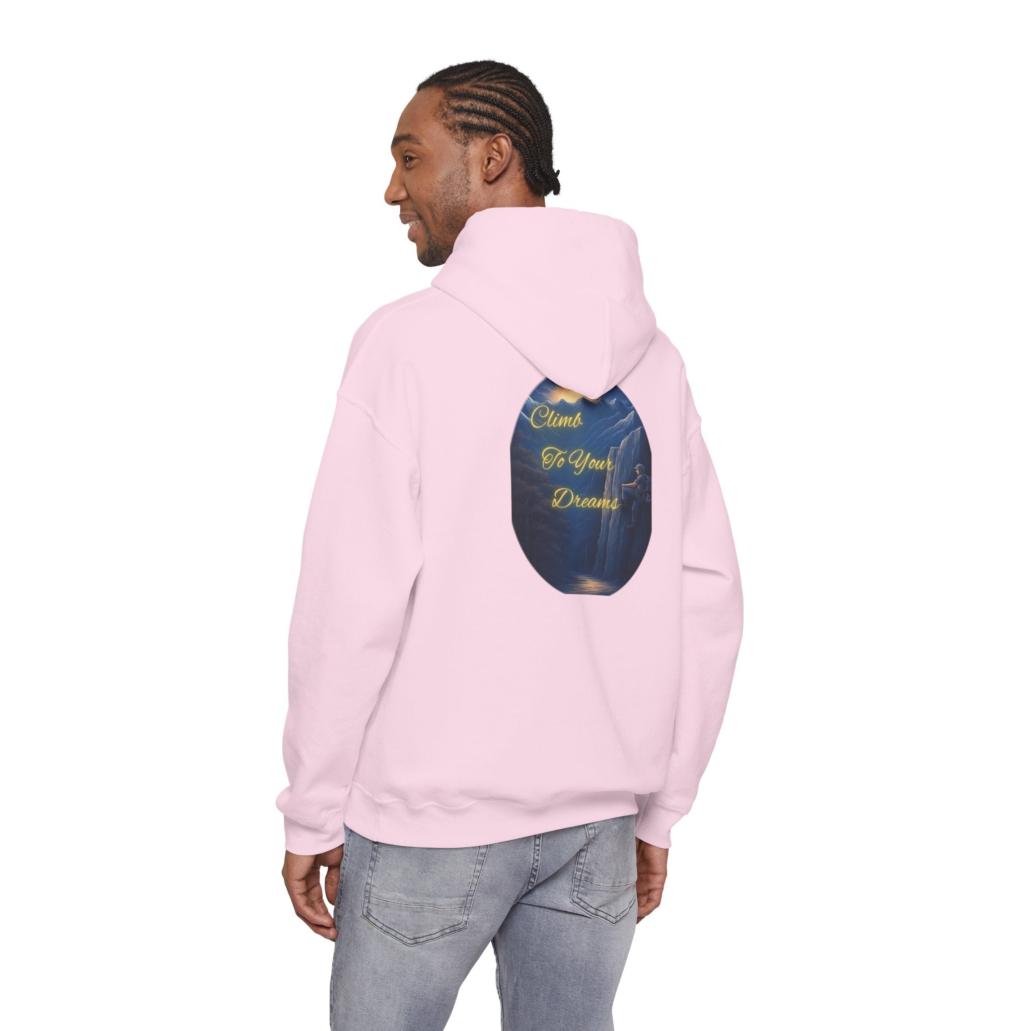 Climb To Your Dreams - Mountain Sunrise Hoodie | Back Glow Print + Front Badge | Heavy Blend™, Inspirational and Motivational Apparel, Gift for Dreamers, Creative Expression Wear