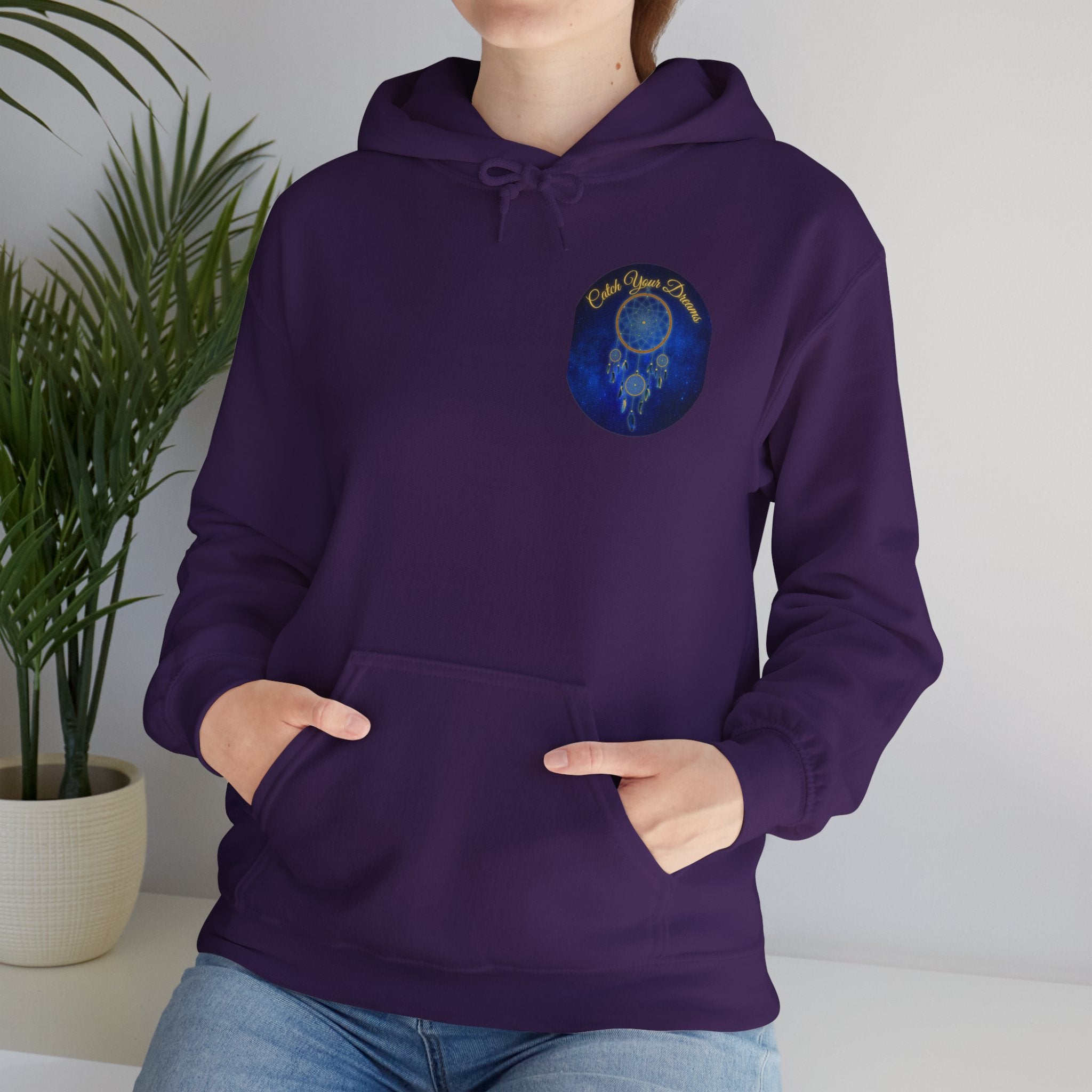Catch Your Dream – Dreamcatcher Back Print Hooded Sweatshirt, Inspirational and Motivational Apparel, Gift for Dreamers, Creative Expression Wear