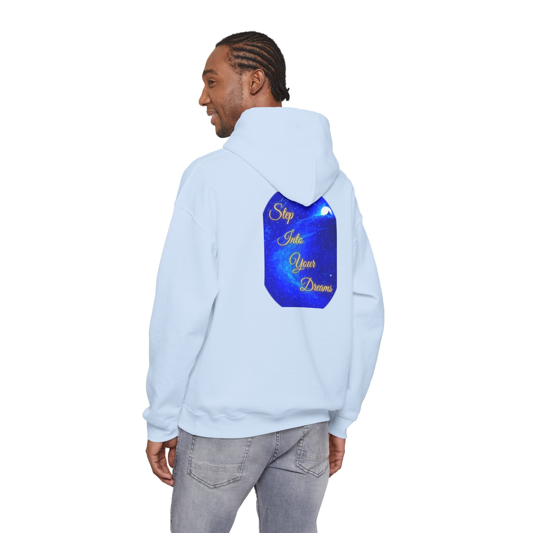 Step Into Your Dreams – Cosmic Gateway Back-print Hoodie | Tiny front badge | Gildan Heavy Blend™. Inspirational and Motivational Apparel, Gift for Dreamers, Creative Expression
