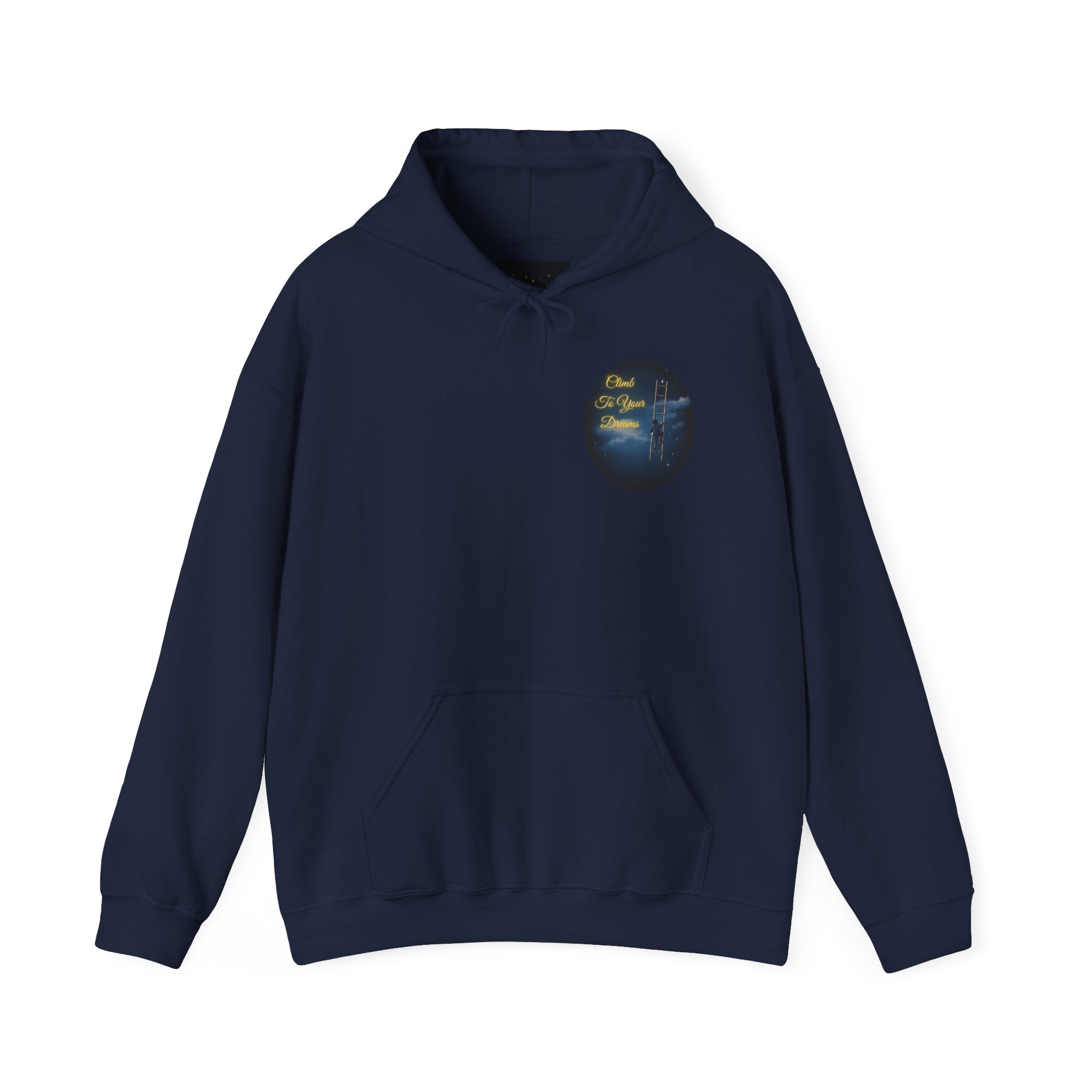 Climb To Your Dreams – Starry Night Ladder-to-Moon Back-Print Hoodie + Front Badge | Gildan 18500, Inspirational and Motivational Apparel, Gift for Dreamers, Creative Expression Wear