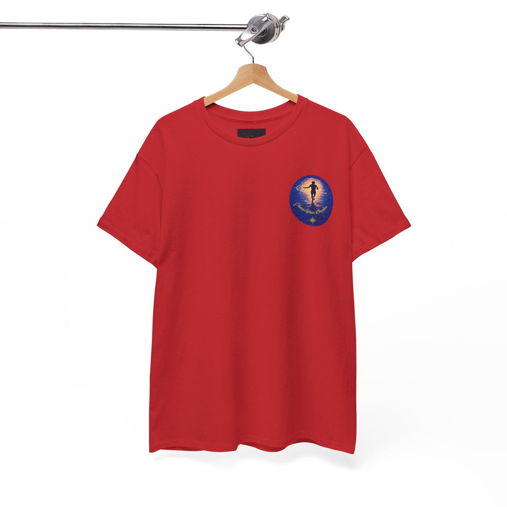 Chase Your Dreams – Sunrise Silhouette Back Printed Heavy Cotton Tee, Inspirational and Motivational Apparel, Gift for Dreamers, Creative Expression Wear