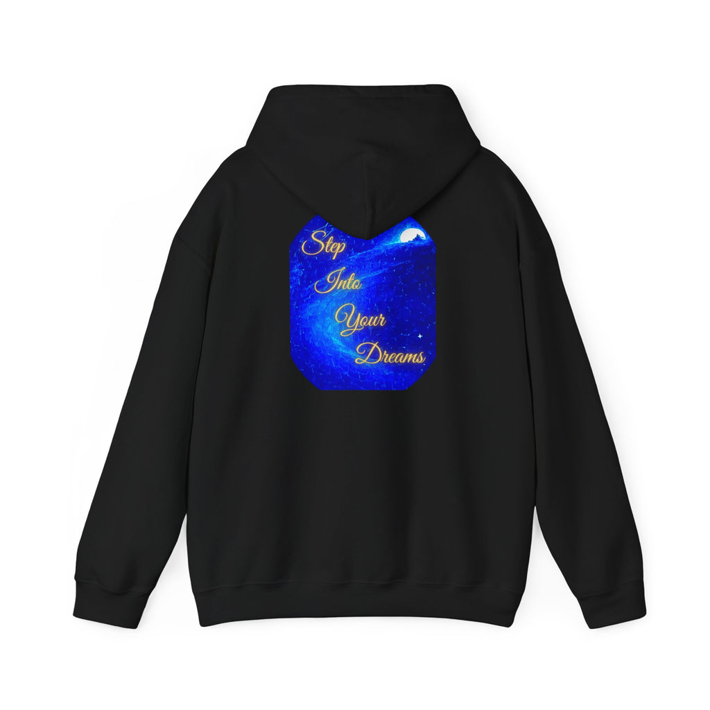 Step Into Your Dreams – Cosmic Gateway Back-print Hoodie | Tiny front badge | Gildan Heavy Blend™. Inspirational and Motivational Apparel, Gift for Dreamers, Creative Expression