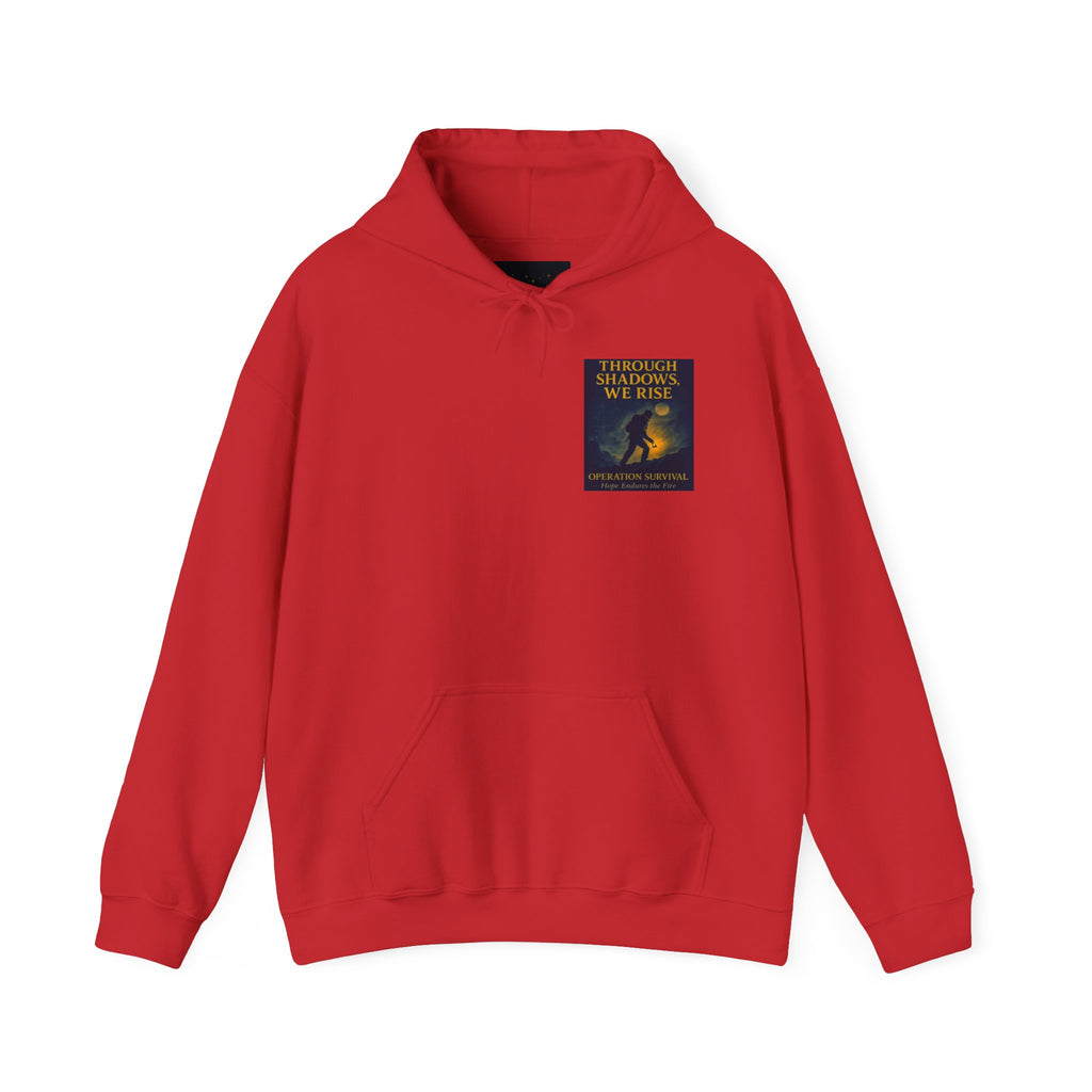 Through Shadows, We Rise – Back-print Cinematic Artwork Operation Survival Hoodie  | Gildan Heavy Blend™ 18500 — Inspirational and Motivational Apparel, Gift for Dreamers, Creative Expression Wear