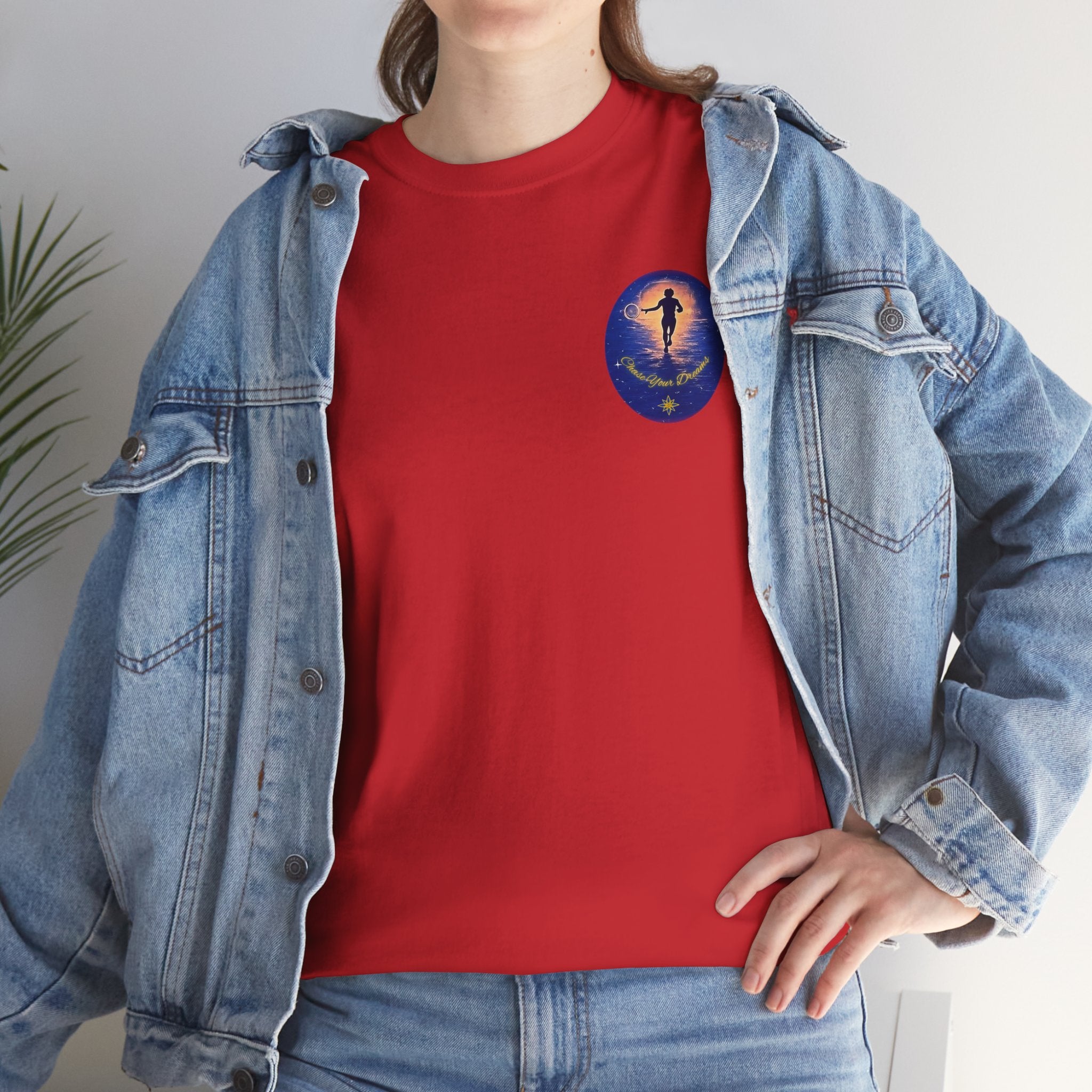 Chase Your Dreams – Sunrise Silhouette Back Printed Heavy Cotton Tee, Inspirational and Motivational Apparel, Gift for Dreamers, Creative Expression Wear