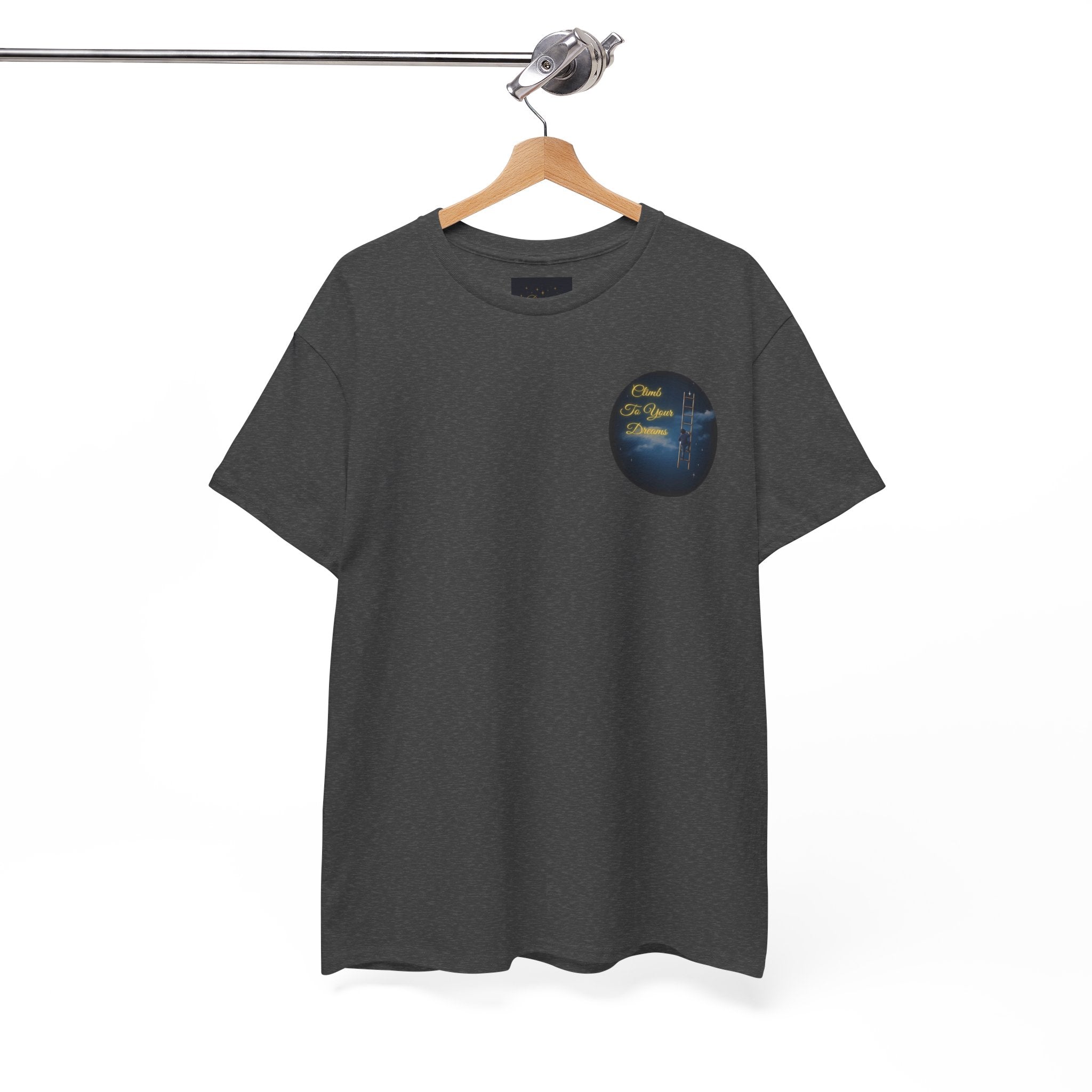 Climb To Your Dreams – Starry Night Ladder Back-Print Tee + Front Badge | Gildan 5000, Inspirational and Motivational Apparel, Gift for Dreamers, Creative Expression Wear