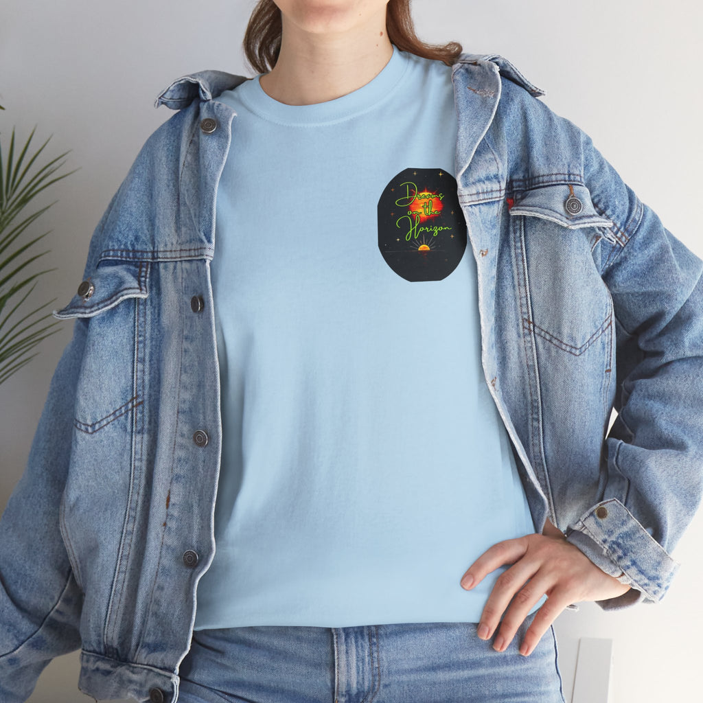 Dreams on the Horizon (Lemongrass) – Sunrise Back-Print Heavy Cotton Tee, Inspirational and Motivational Apparel, Gift for Dreamers, Creative Expression Wear