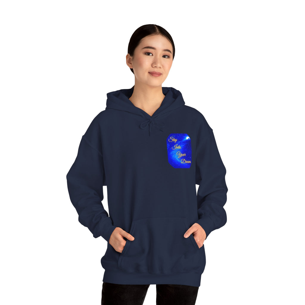 Step Into Your Dreams – Cosmic Gateway Back-print Hoodie | Tiny front badge | Gildan Heavy Blend™. Inspirational and Motivational Apparel, Gift for Dreamers, Creative Expression