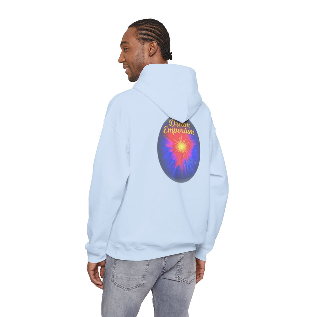 Dream Emporium – Back Printed Radiant Starburst Heavy Blend™ Hooded Sweatshirt, Inspirational and Motivational Apparel, Gift for Dreamers, Creative Expression Wear