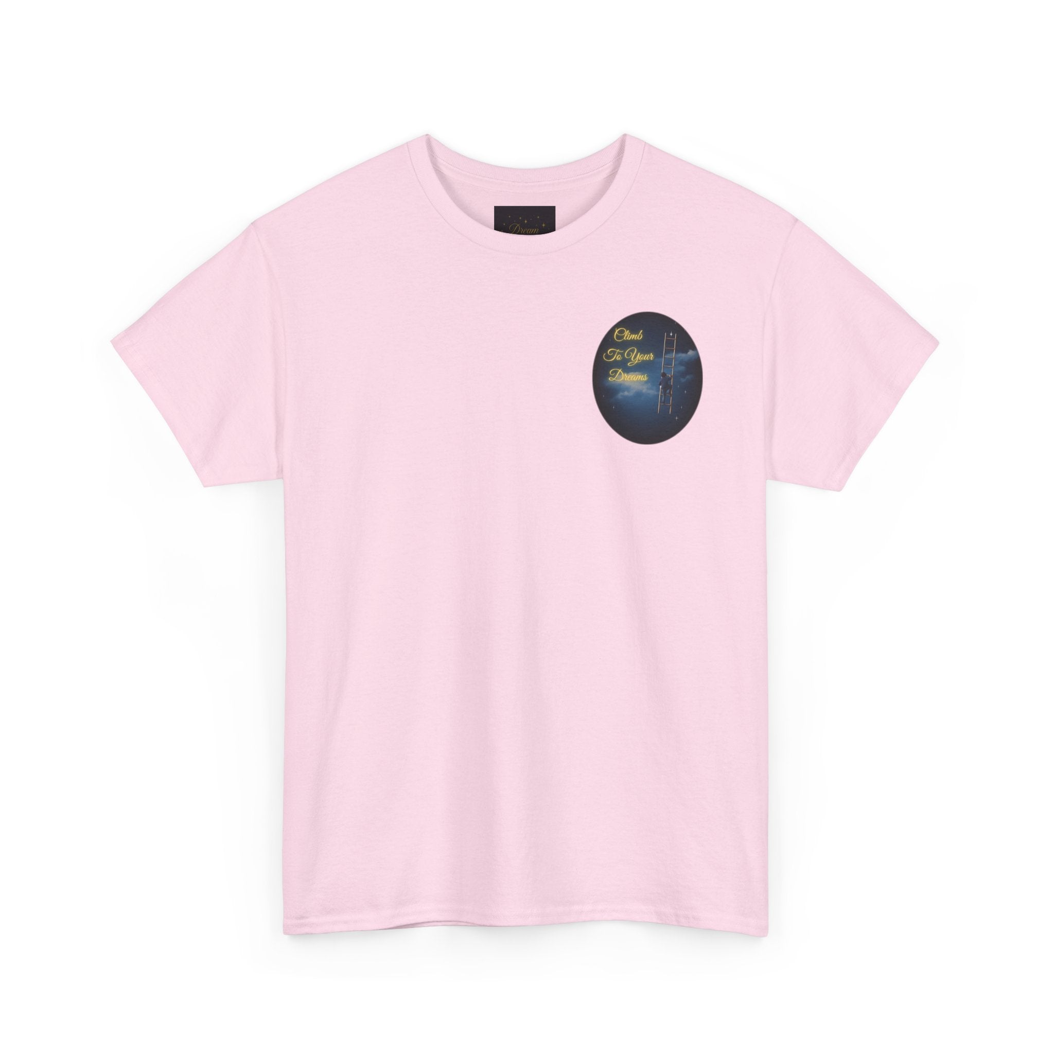 Climb To Your Dreams – Starry Night Ladder Back-Print Tee + Front Badge | Gildan 5000, Inspirational and Motivational Apparel, Gift for Dreamers, Creative Expression Wear