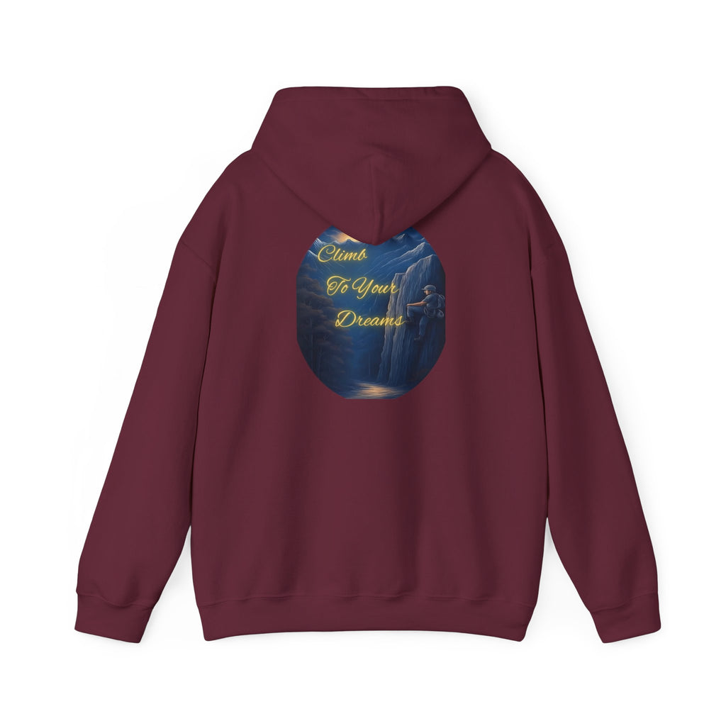 Climb To Your Dreams - Mountain Sunrise Hoodie | Back Glow Print + Front Badge | Heavy Blend™, Inspirational and Motivational Apparel, Gift for Dreamers, Creative Expression Wear
