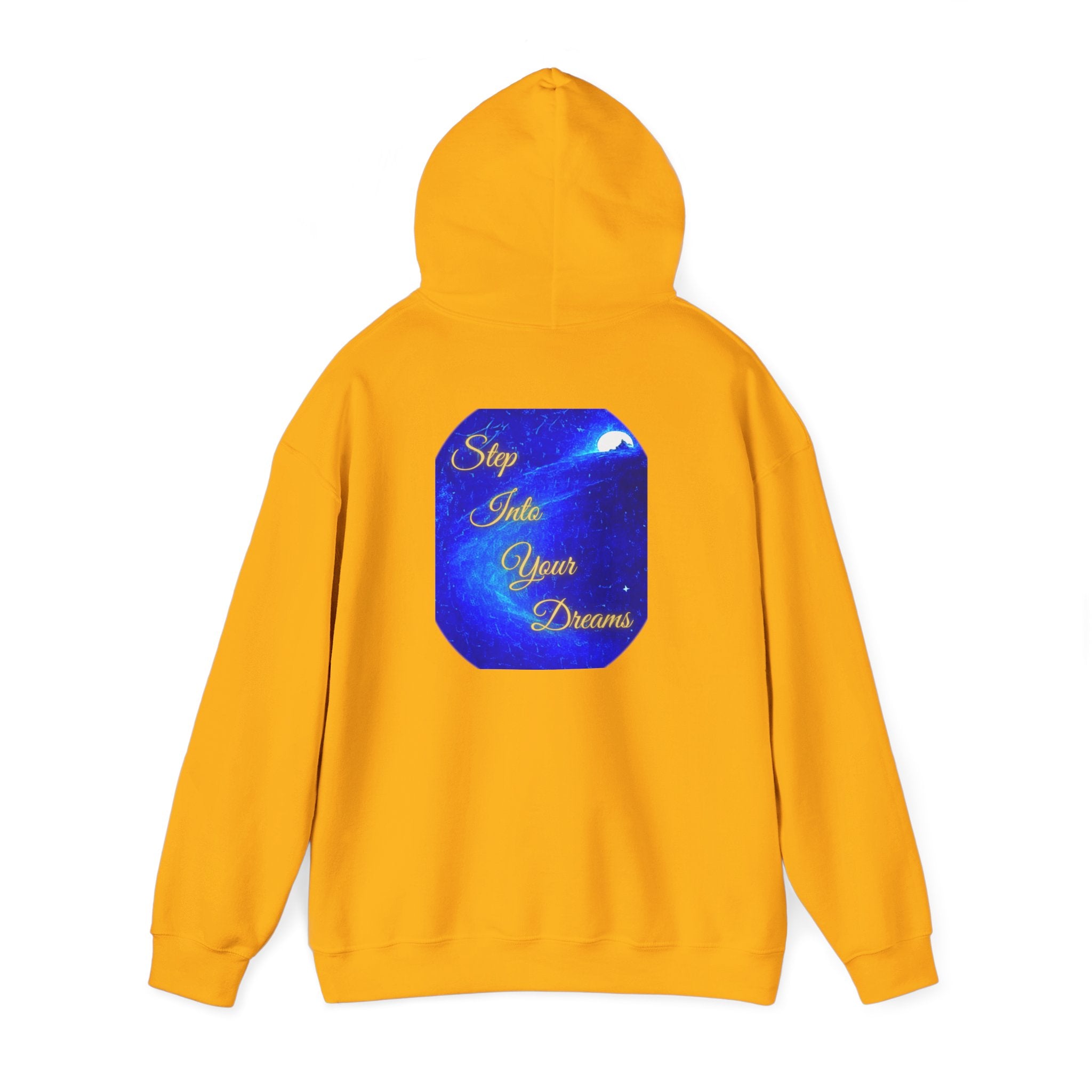 Step Into Your Dreams – Cosmic Gateway Back-print Hoodie | Tiny front badge | Gildan Heavy Blend™. Inspirational and Motivational Apparel, Gift for Dreamers, Creative Expression