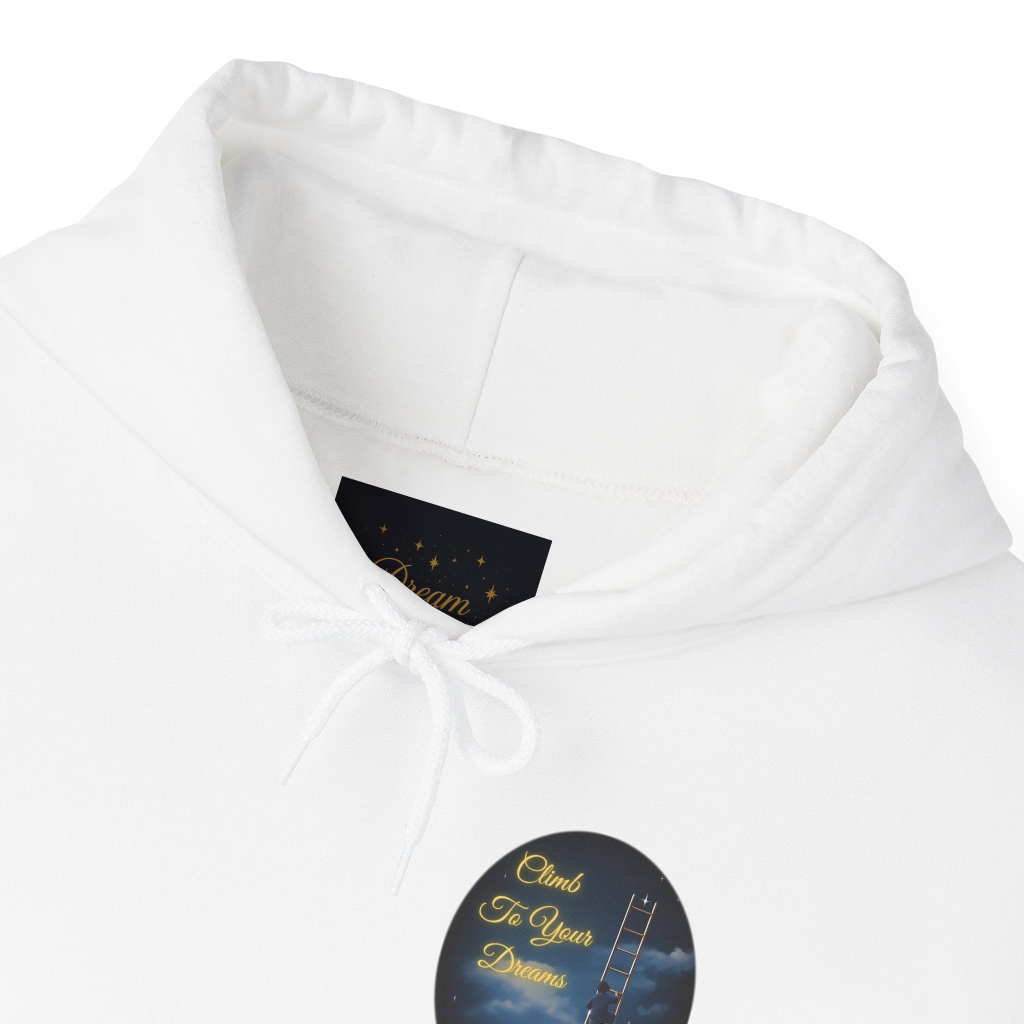 Climb To Your Dreams – Starry Night Ladder-to-Moon Back-Print Hoodie + Front Badge | Gildan 18500, Inspirational and Motivational Apparel, Gift for Dreamers, Creative Expression Wear