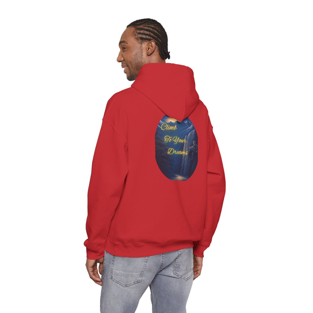 Climb To Your Dreams - Mountain Sunrise Hoodie | Back Glow Print + Front Badge | Heavy Blend™, Inspirational and Motivational Apparel, Gift for Dreamers, Creative Expression Wear