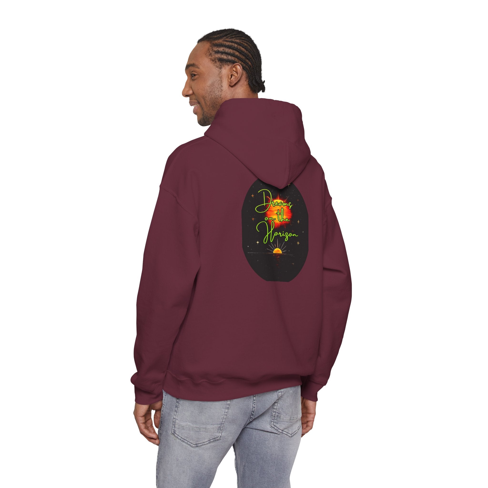 Dreams on the Horizon (Lemongrass) Sunrise Back Print Hooded Sweatshirt, Inspirational and Motivational Apparel, Gift for Dreamers, Creative Expression Wear