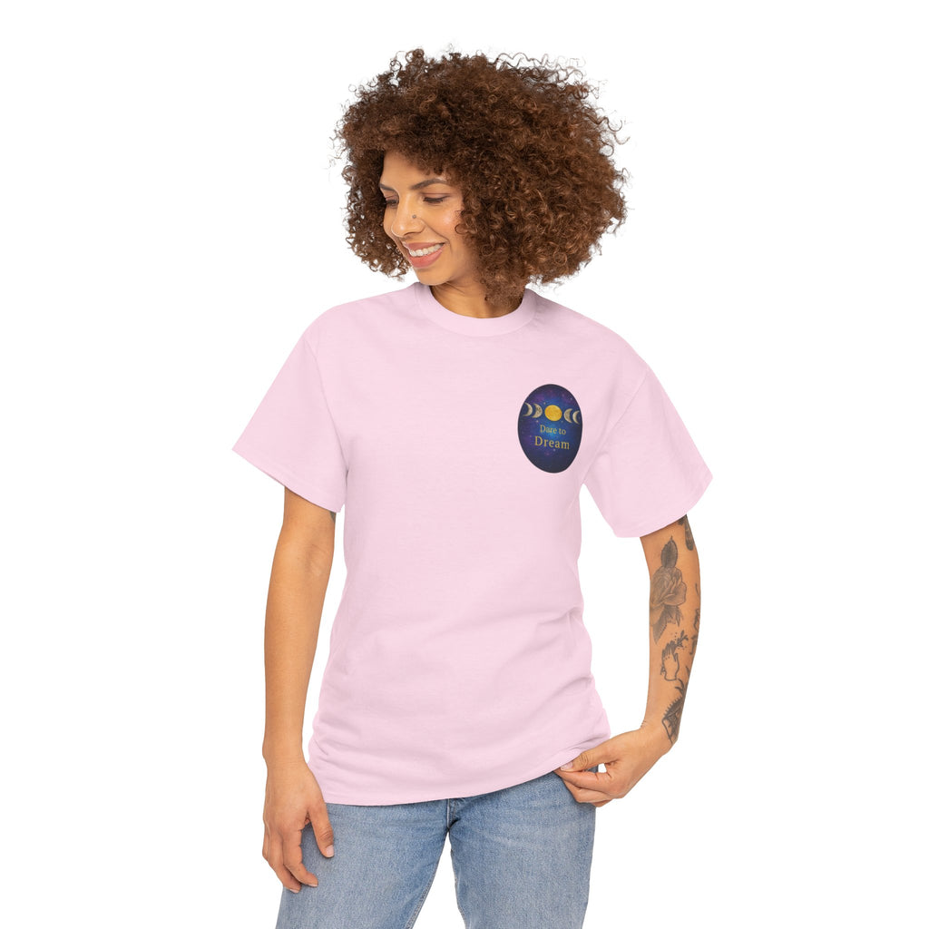 Dare to Dream Moon-Phase Tee – Golden Full Moon Back Print + Front Badge | Gildan 5000 Heavy Cotton, Inspirational and Motivational Apparel, Gift for Dreamers, Creative Expression Wear