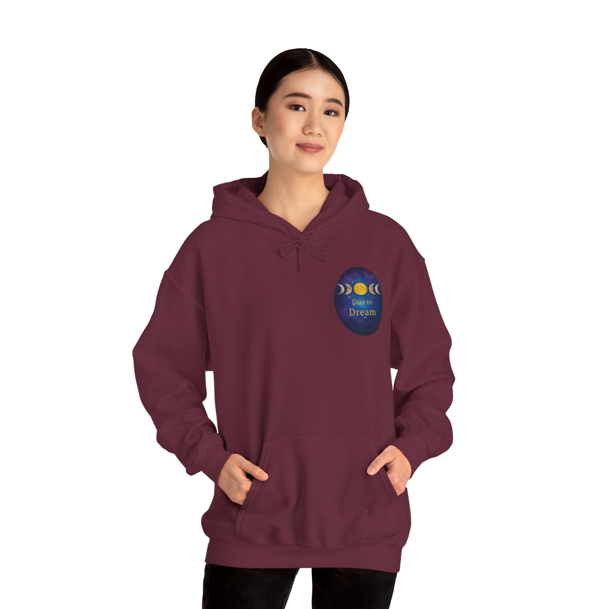 Dare to Dream Moon-Phase Hoodie | Back Glow Print + Front Badge | Heavy Blend™, Inspirational and Motivational Apparel, Gift for Dreamers, Creative Expression Wear