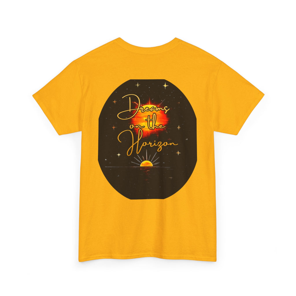 Dreams on the Horizon – Sunrise Back-Print Heavy Cotton Tee, Inspirational and Motivational Apparel, Gift for Dreamers, Creative Expression Wear