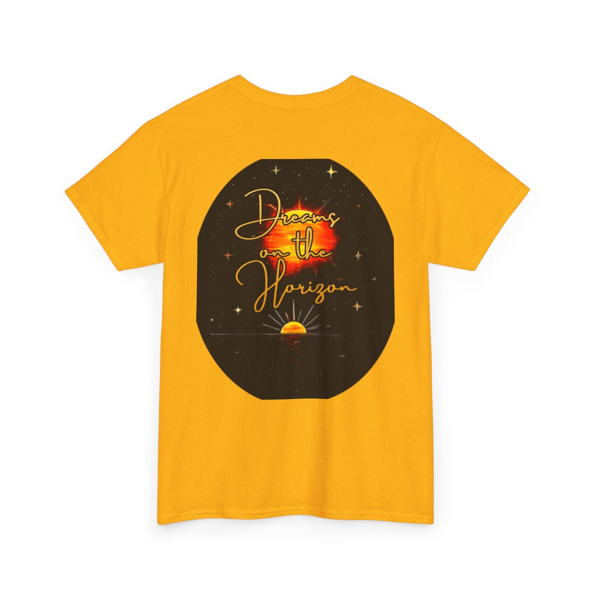 Dreams on the Horizon – Sunrise Back-Print Heavy Cotton Tee, Inspirational and Motivational Apparel, Gift for Dreamers, Creative Expression Wear