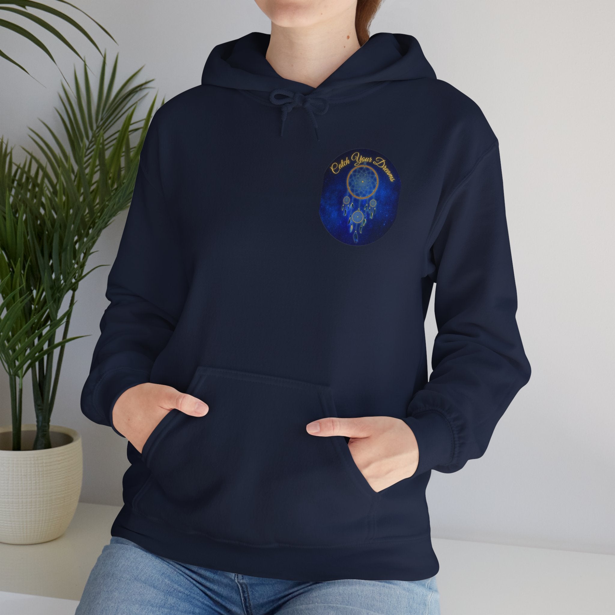 Catch Your Dream – Dreamcatcher Back Print Hooded Sweatshirt, Inspirational and Motivational Apparel, Gift for Dreamers, Creative Expression Wear