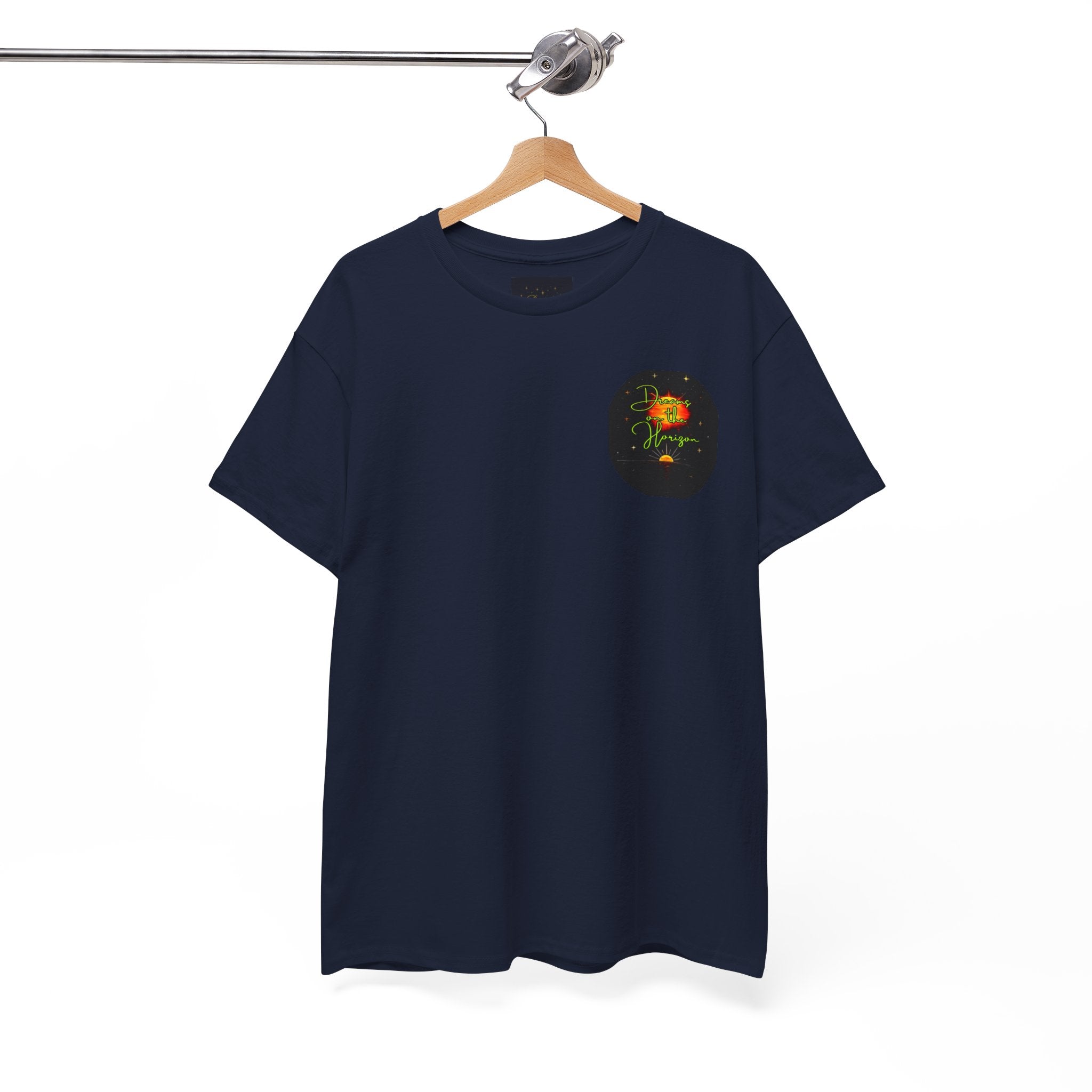 Dreams on the Horizon (Lemongrass) – Sunrise Back-Print Heavy Cotton Tee, Inspirational and Motivational Apparel, Gift for Dreamers, Creative Expression Wear