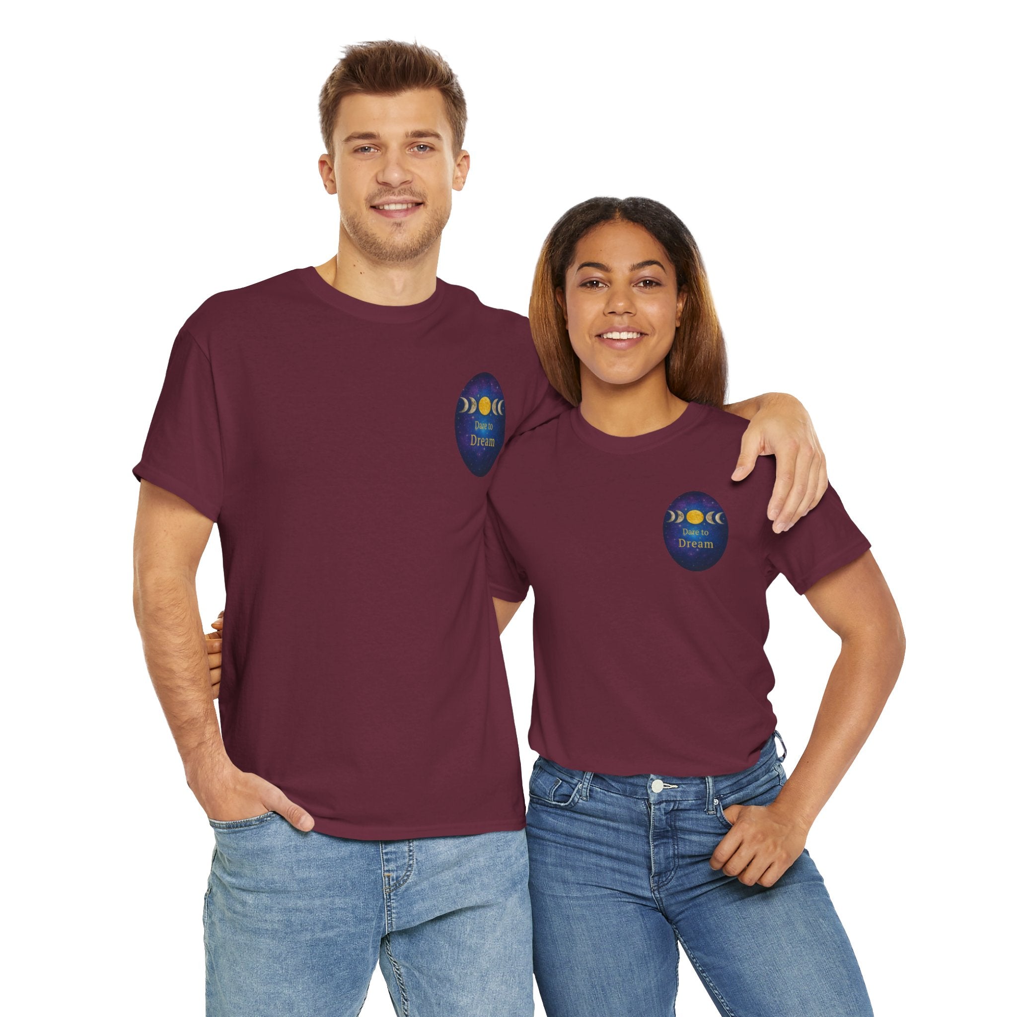 Dare to Dream Moon-Phase Tee – Golden Full Moon Back Print + Front Badge | Gildan 5000 Heavy Cotton, Inspirational and Motivational Apparel, Gift for Dreamers, Creative Expression Wear