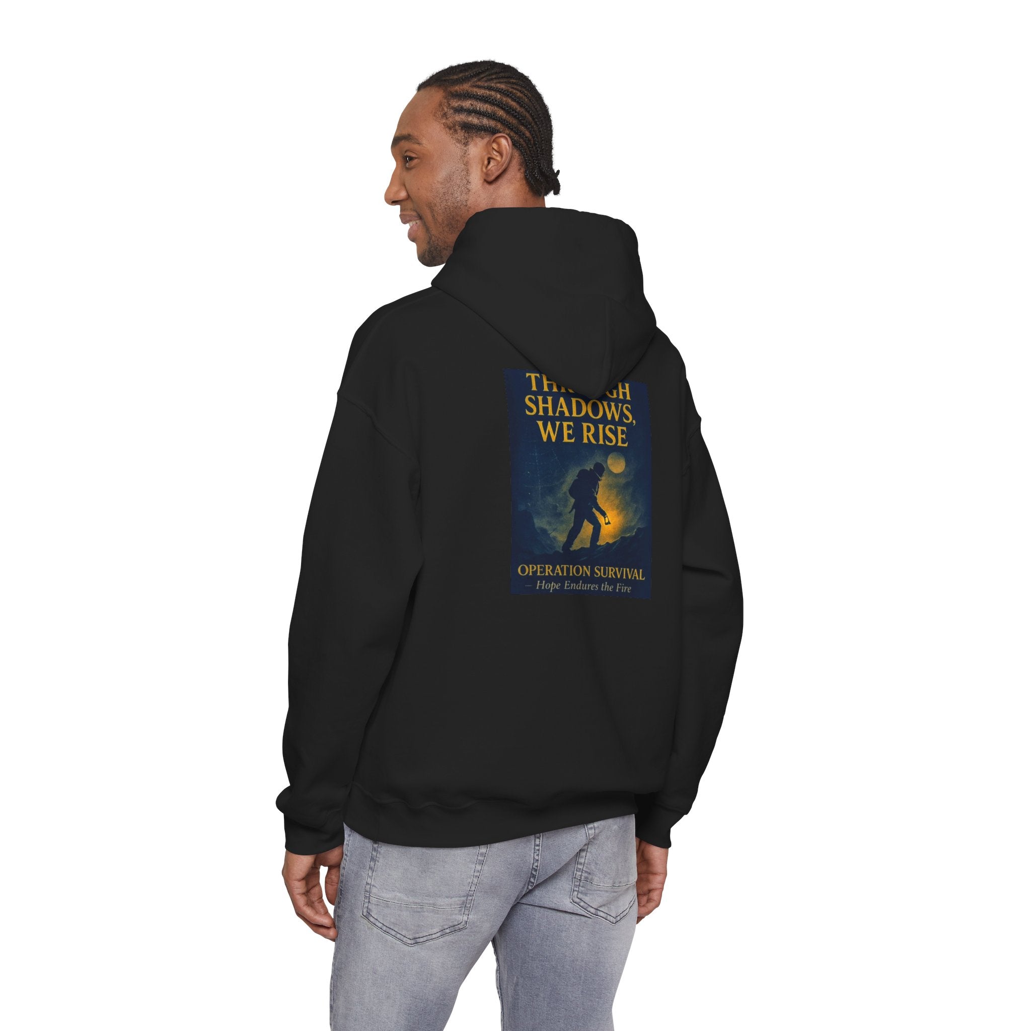 Through Shadows, We Rise – Back-print Cinematic Artwork Operation Survival Hoodie  | Gildan Heavy Blend™ 18500 — Inspirational and Motivational Apparel, Gift for Dreamers, Creative Expression Wear