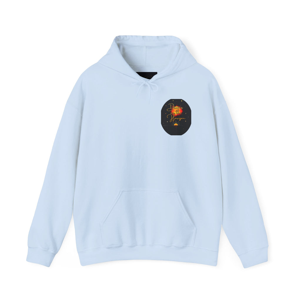 Dreams on the Horizon Sunrise Back Print Hooded Sweatshirt, Inspirational and Motivational Apparel, Gift for Dreamers, Creative Expression Wear