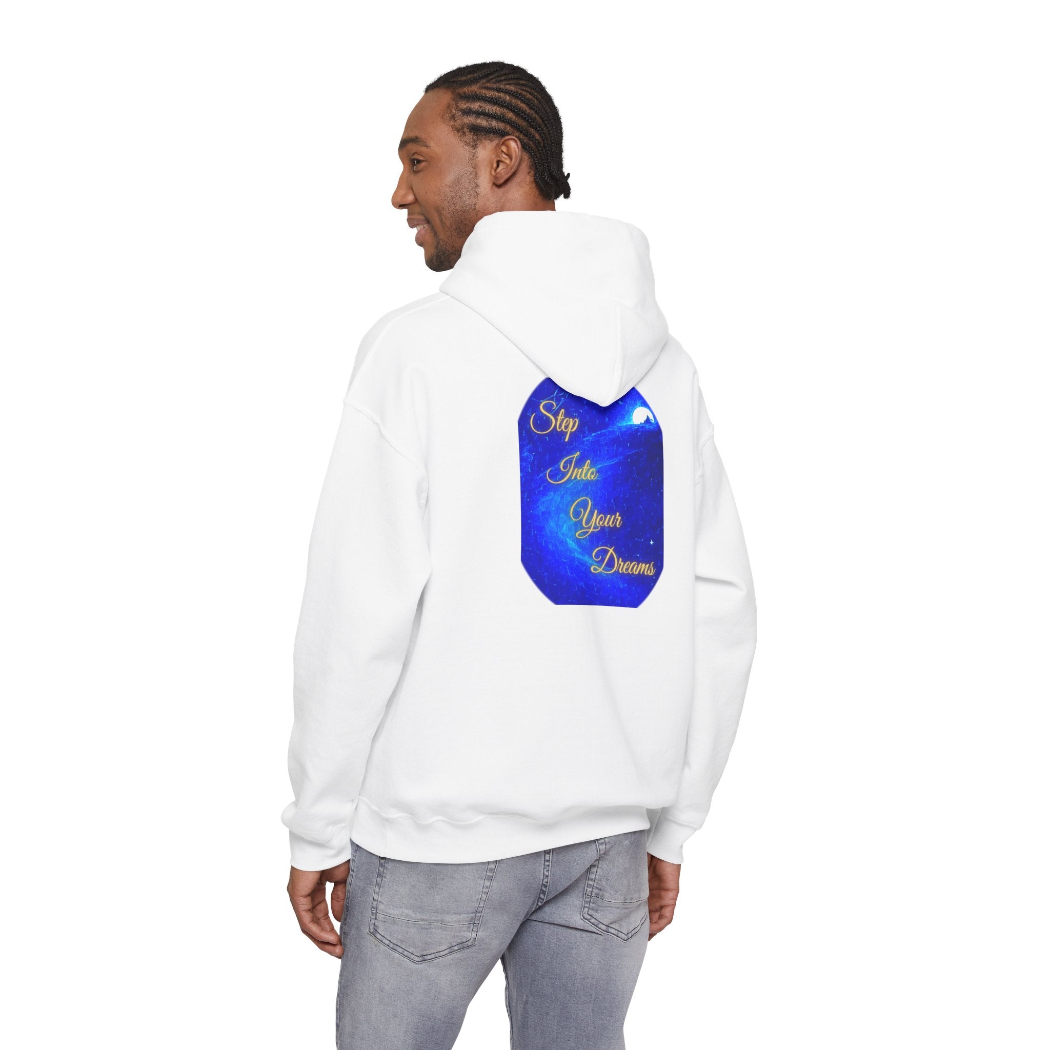 Step Into Your Dreams – Cosmic Gateway Back-print Hoodie | Tiny front badge | Gildan Heavy Blend™. Inspirational and Motivational Apparel, Gift for Dreamers, Creative Expression