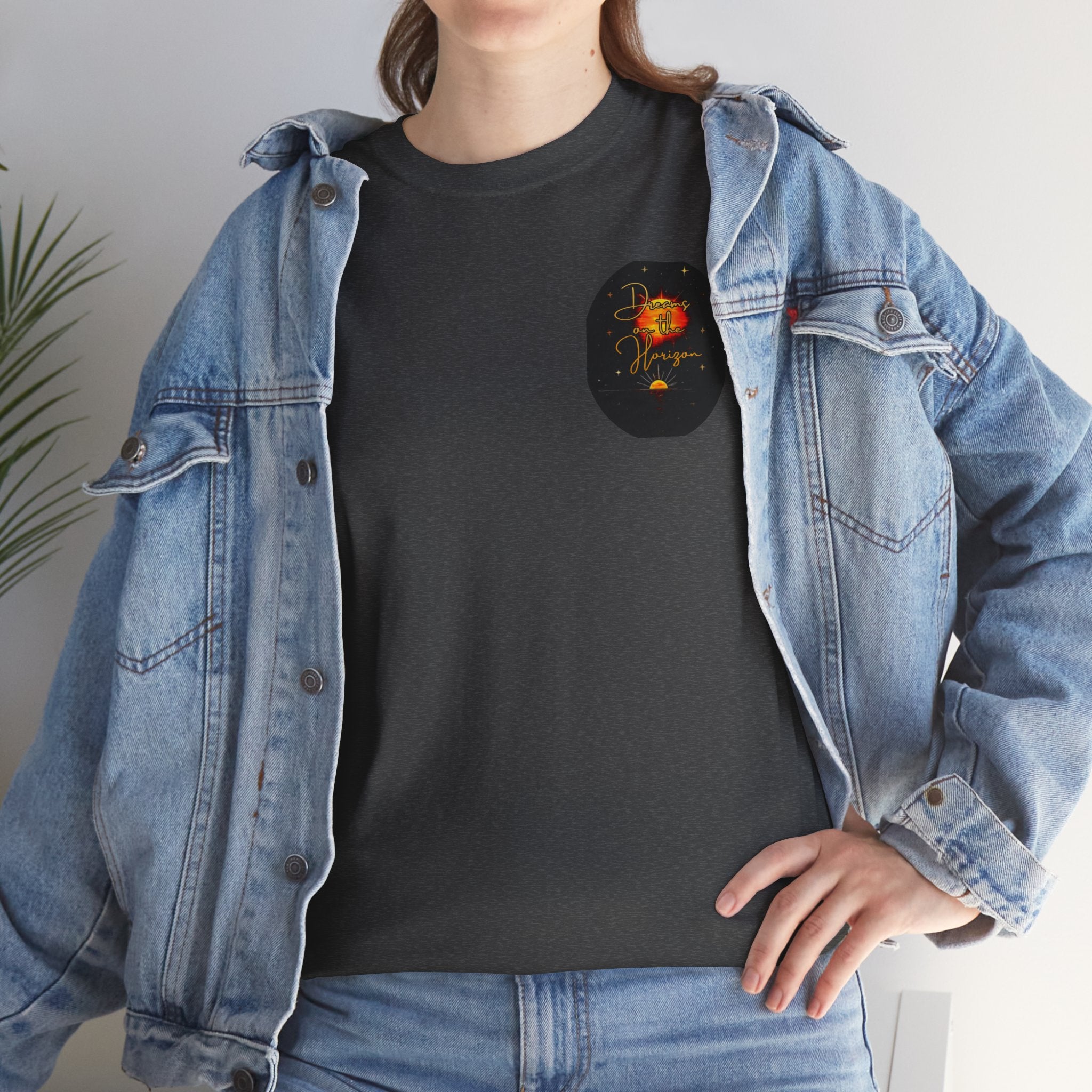 Dreams on the Horizon – Sunrise Back-Print Heavy Cotton Tee, Inspirational and Motivational Apparel, Gift for Dreamers, Creative Expression Wear
