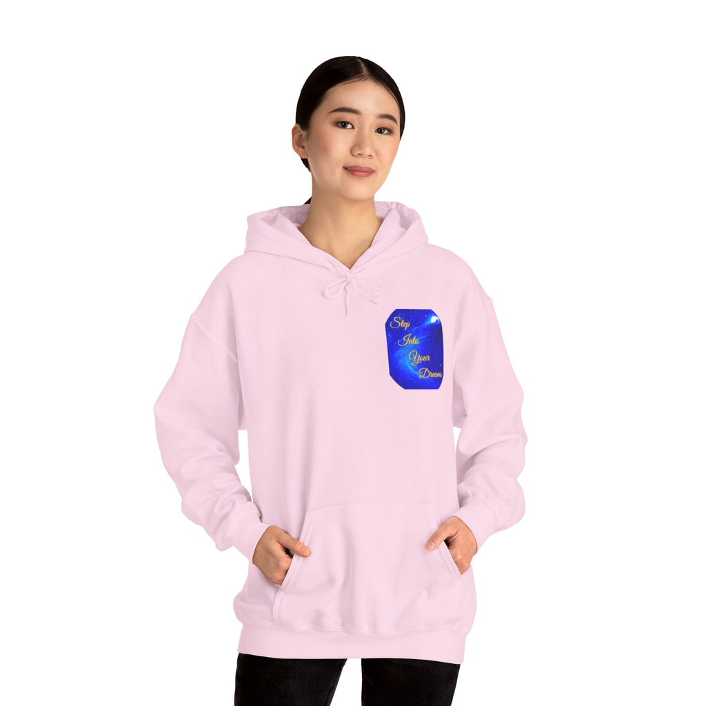 Step Into Your Dreams – Cosmic Gateway Back-print Hoodie | Tiny front badge | Gildan Heavy Blend™. Inspirational and Motivational Apparel, Gift for Dreamers, Creative Expression