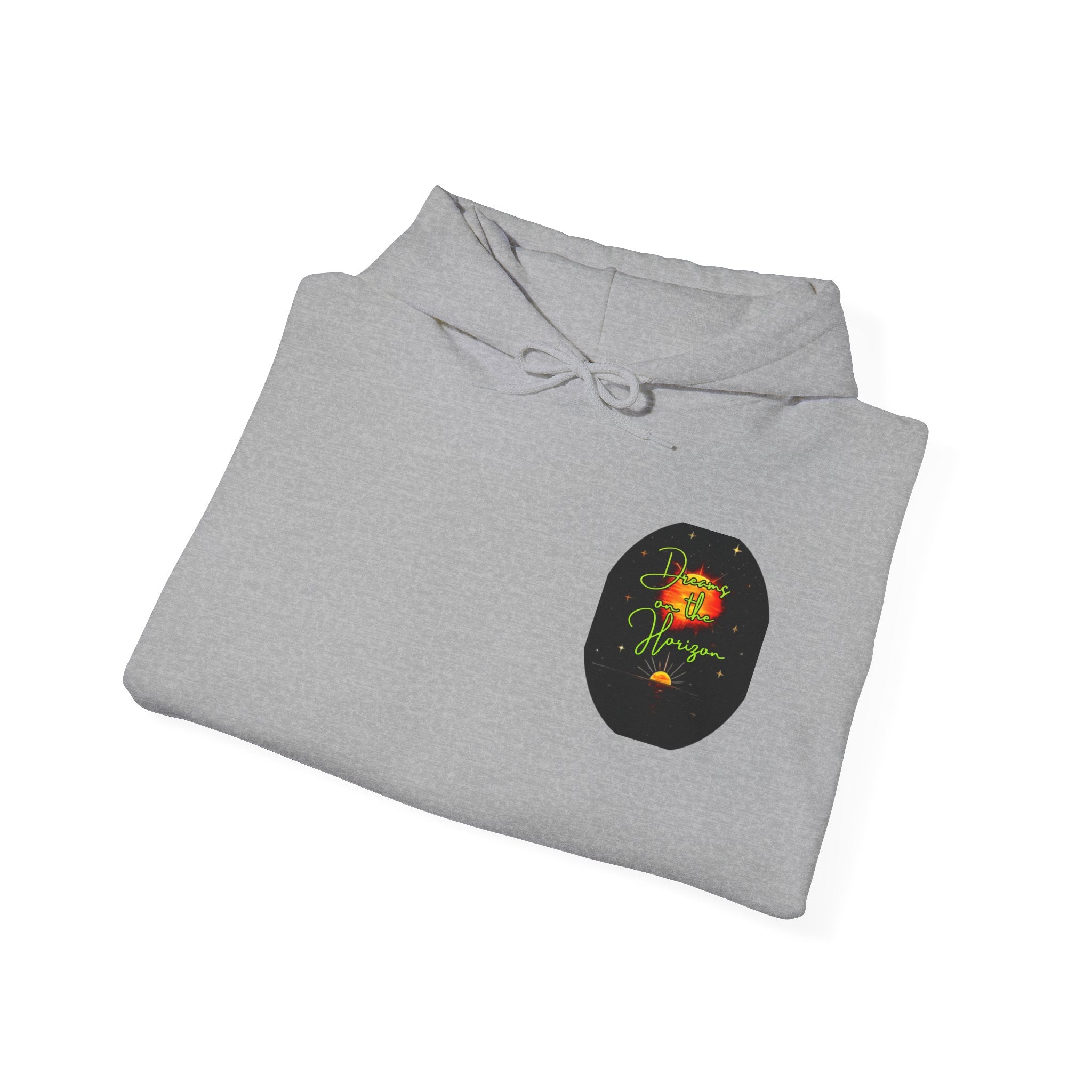 Dreams on the Horizon (Lemongrass) Sunrise Back Print Hooded Sweatshirt, Inspirational and Motivational Apparel, Gift for Dreamers, Creative Expression Wear