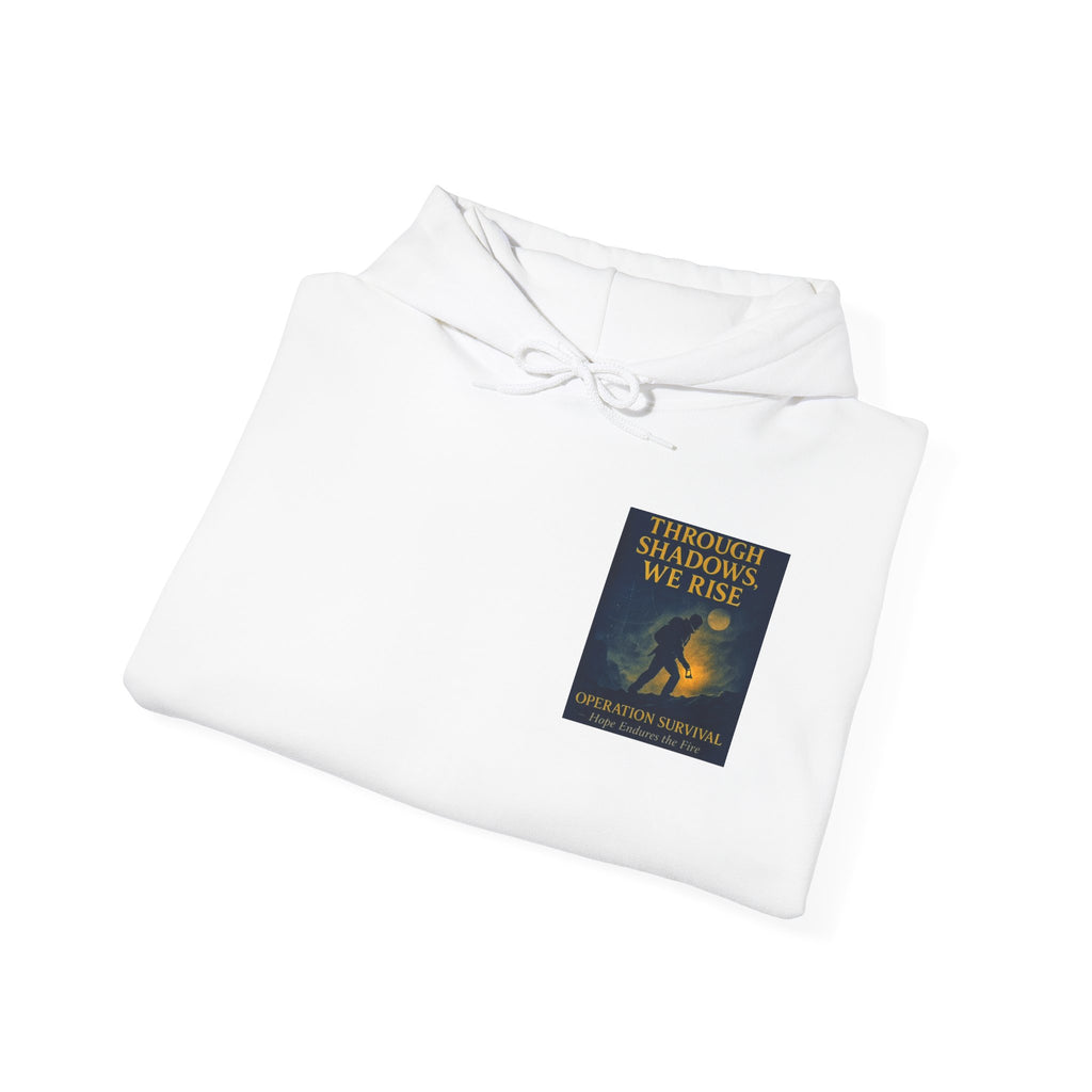 Through Shadows, We Rise – Back-print Cinematic Artwork Operation Survival Hoodie  | Gildan Heavy Blend™ 18500 — Inspirational and Motivational Apparel, Gift for Dreamers, Creative Expression Wear