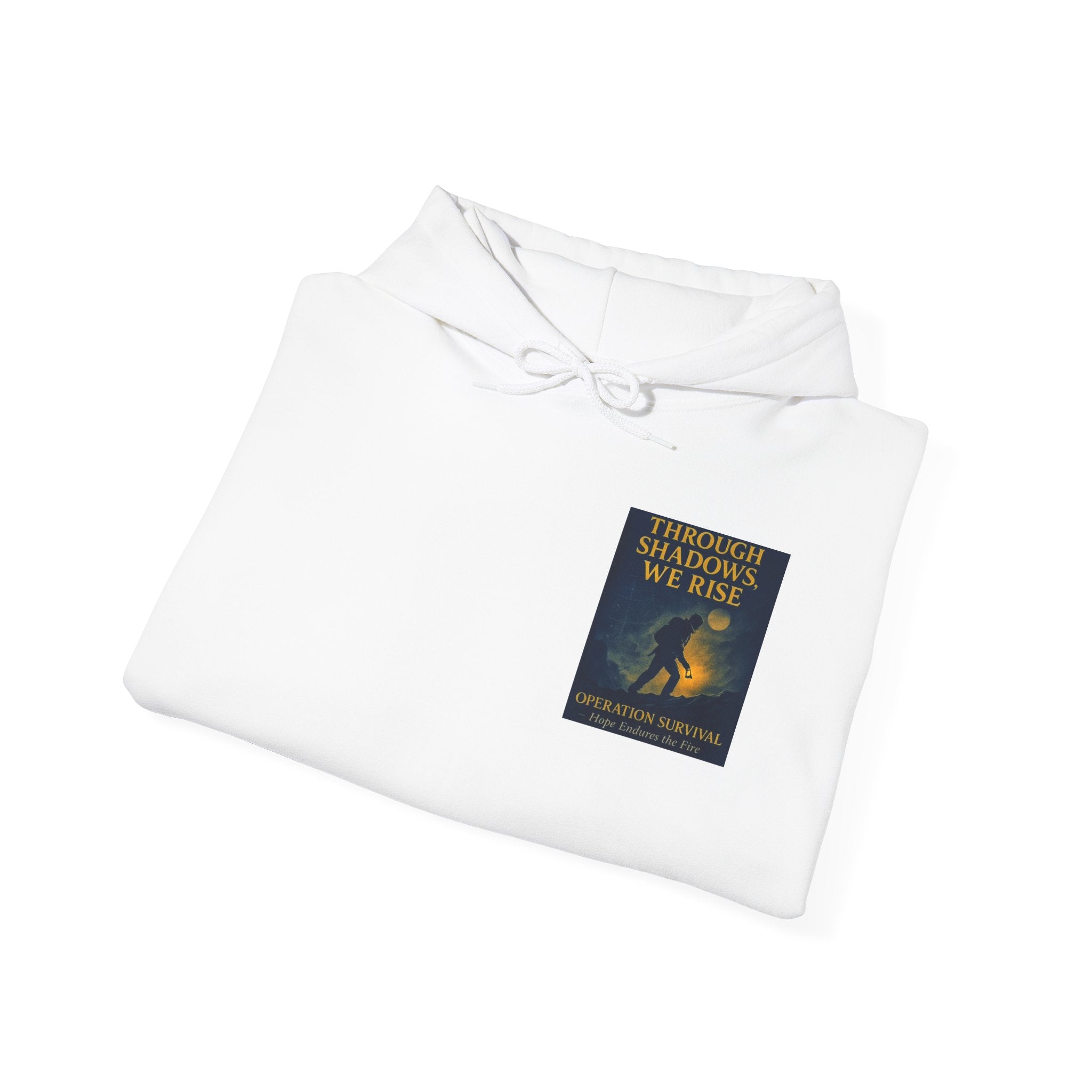 Through Shadows, We Rise – Back-print Cinematic Artwork Operation Survival Hoodie  | Gildan Heavy Blend™ 18500 — Inspirational and Motivational Apparel, Gift for Dreamers, Creative Expression Wear