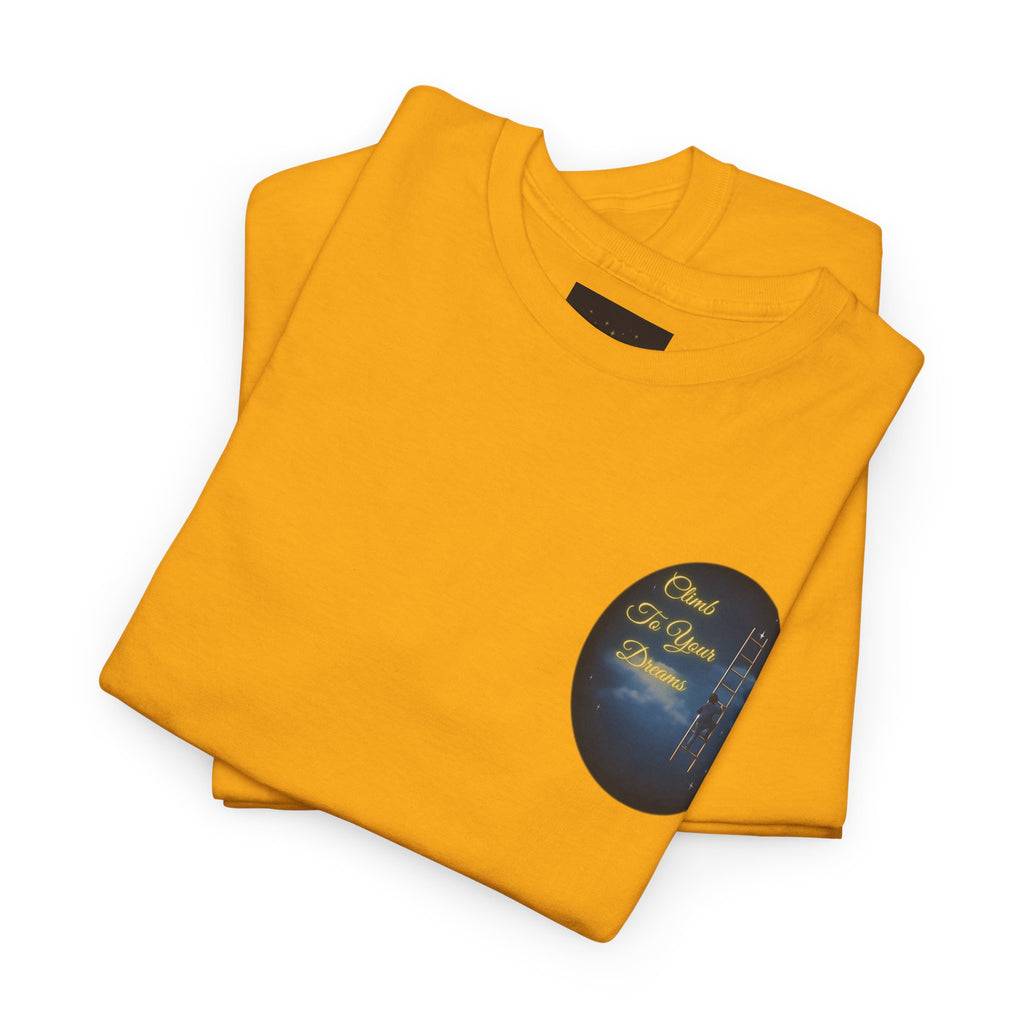 Climb To Your Dreams – Starry Night Ladder Back-Print Tee + Front Badge | Gildan 5000, Inspirational and Motivational Apparel, Gift for Dreamers, Creative Expression Wear