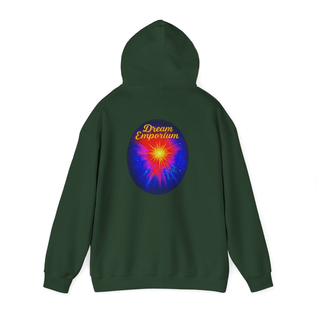 Dream Emporium – Back Printed Radiant Starburst Heavy Blend™ Hooded Sweatshirt, Inspirational and Motivational Apparel, Gift for Dreamers, Creative Expression Wear