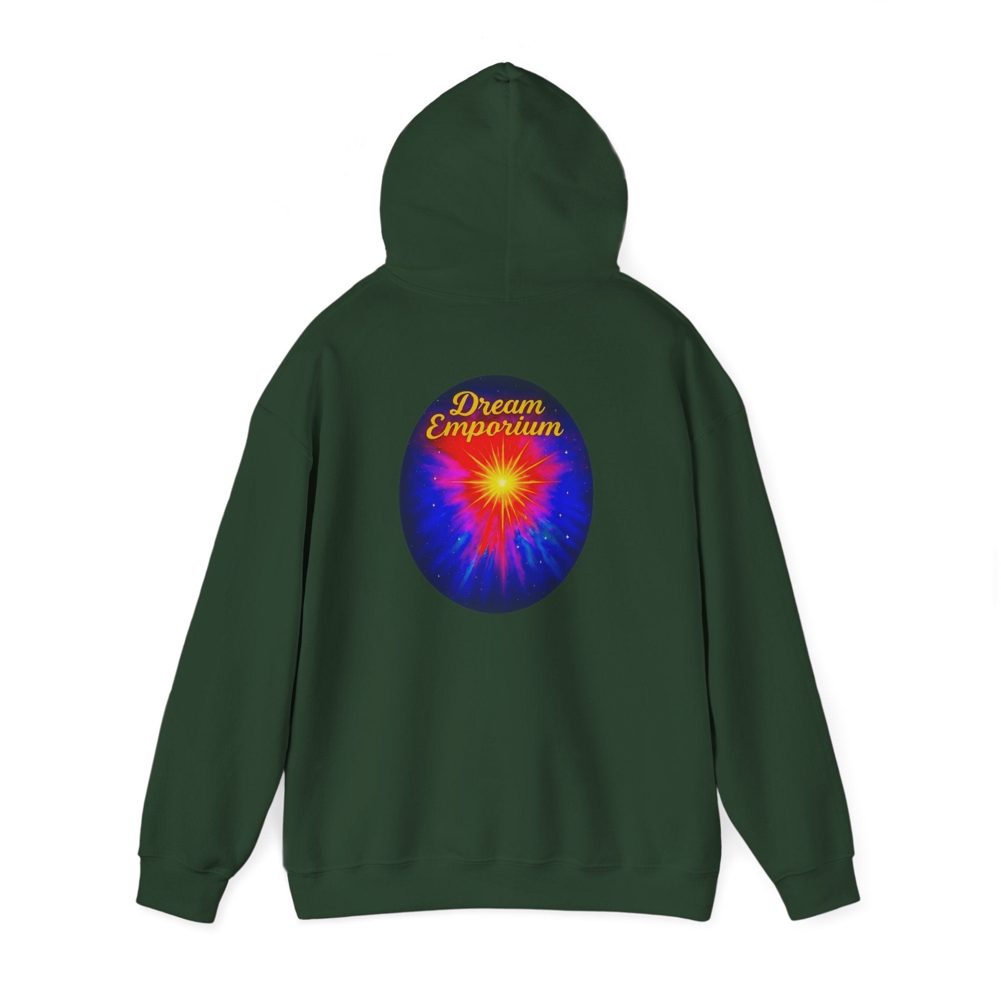 Dream Emporium – Back Printed Radiant Starburst Heavy Blend™ Hooded Sweatshirt, Inspirational and Motivational Apparel, Gift for Dreamers, Creative Expression Wear