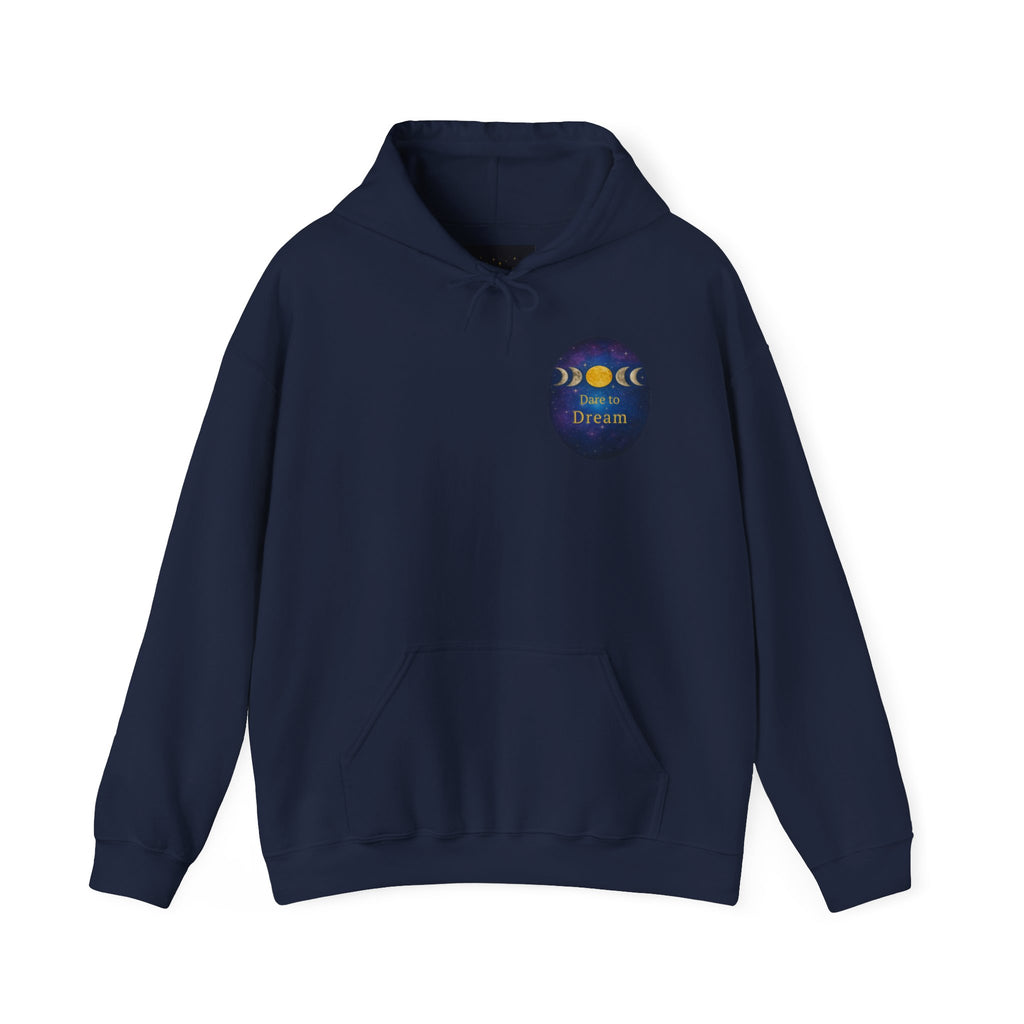 Dare to Dream Moon-Phase Hoodie | Back Glow Print + Front Badge | Heavy Blend™, Inspirational and Motivational Apparel, Gift for Dreamers, Creative Expression Wear