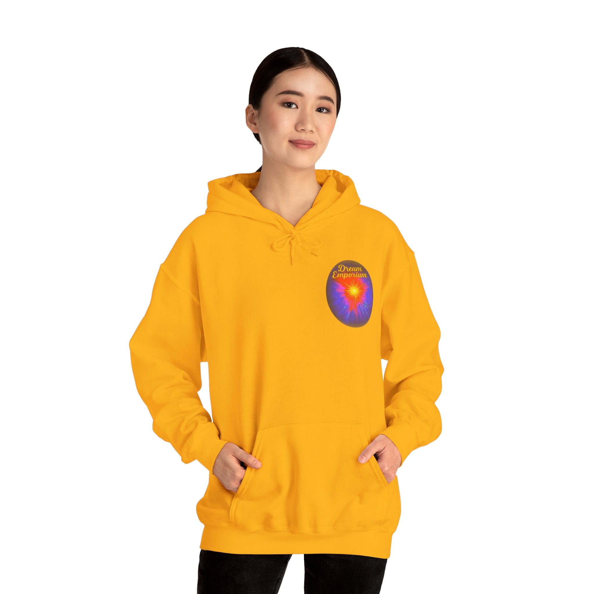 Dream Emporium – Back Printed Radiant Starburst Heavy Blend™ Hooded Sweatshirt, Inspirational and Motivational Apparel, Gift for Dreamers, Creative Expression Wear