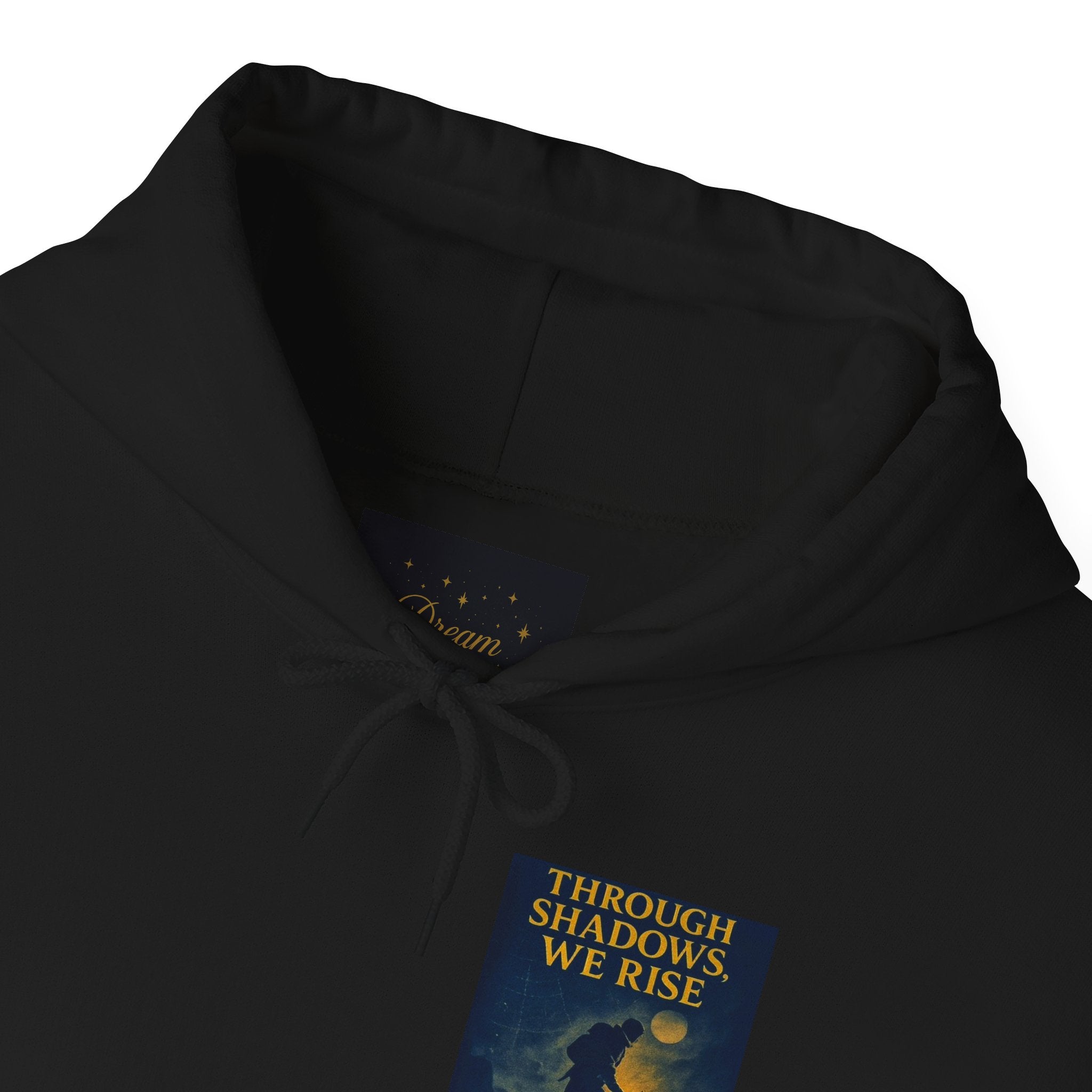 Through Shadows, We Rise – Back-print Cinematic Artwork Operation Survival Hoodie  | Gildan Heavy Blend™ 18500 — Inspirational and Motivational Apparel, Gift for Dreamers, Creative Expression Wear