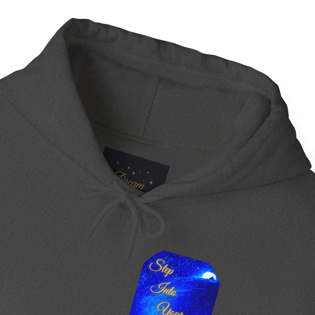Step Into Your Dreams – Cosmic Gateway Back-print Hoodie | Tiny front badge | Gildan Heavy Blend™. Inspirational and Motivational Apparel, Gift for Dreamers, Creative Expression