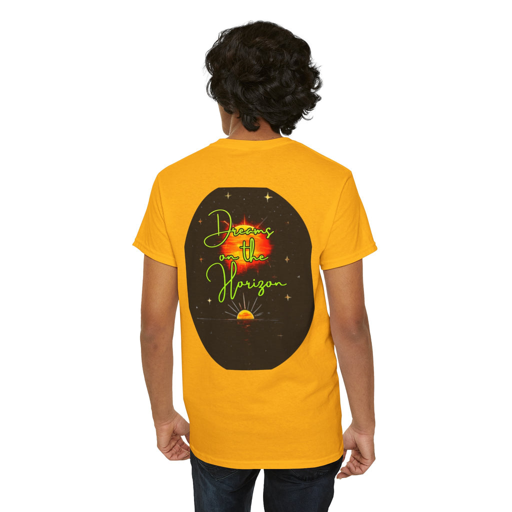 Dreams on the Horizon (Lemongrass) – Sunrise Back-Print Heavy Cotton Tee, Inspirational and Motivational Apparel, Gift for Dreamers, Creative Expression Wear