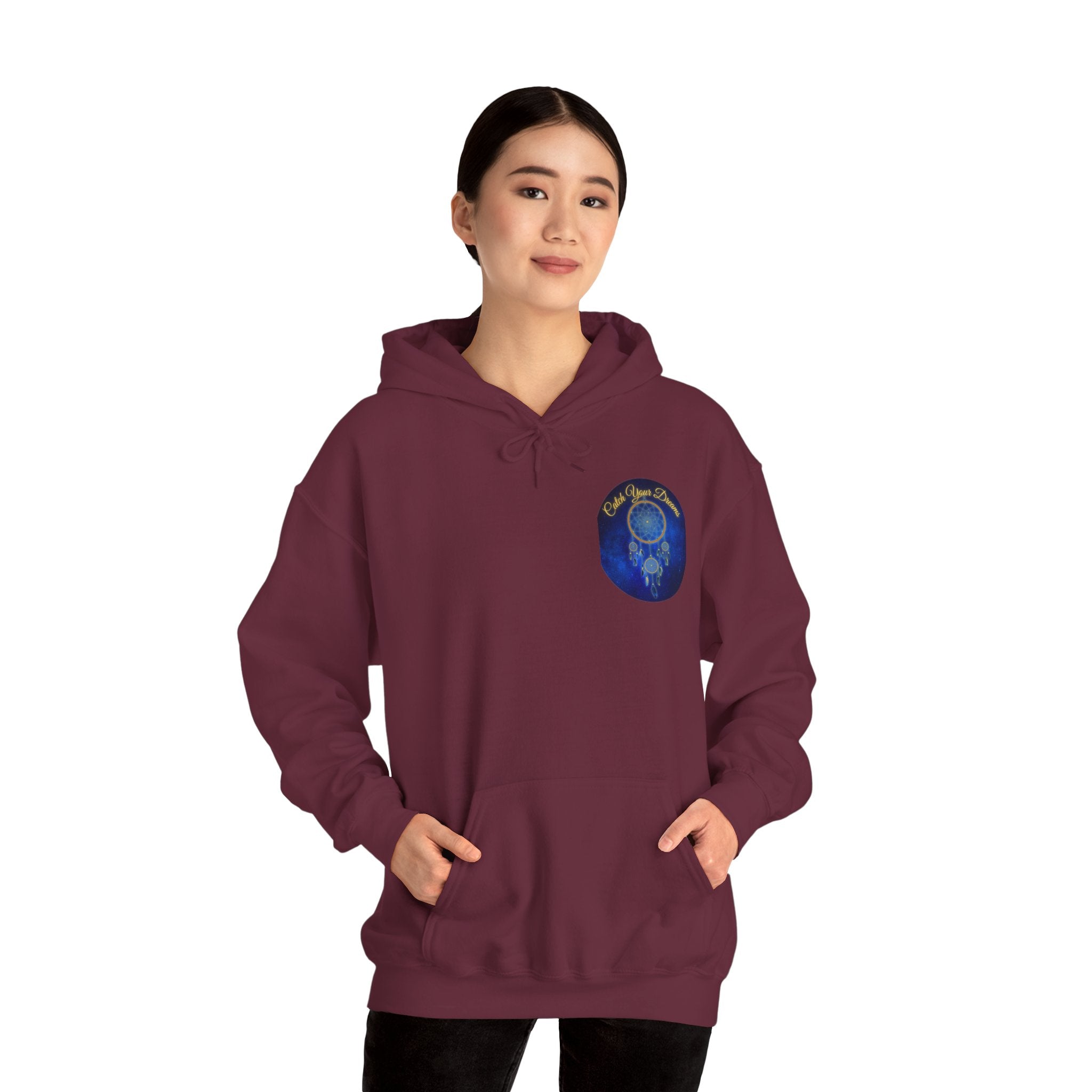 Catch Your Dream – Dreamcatcher Back Print Hooded Sweatshirt, Inspirational and Motivational Apparel, Gift for Dreamers, Creative Expression Wear