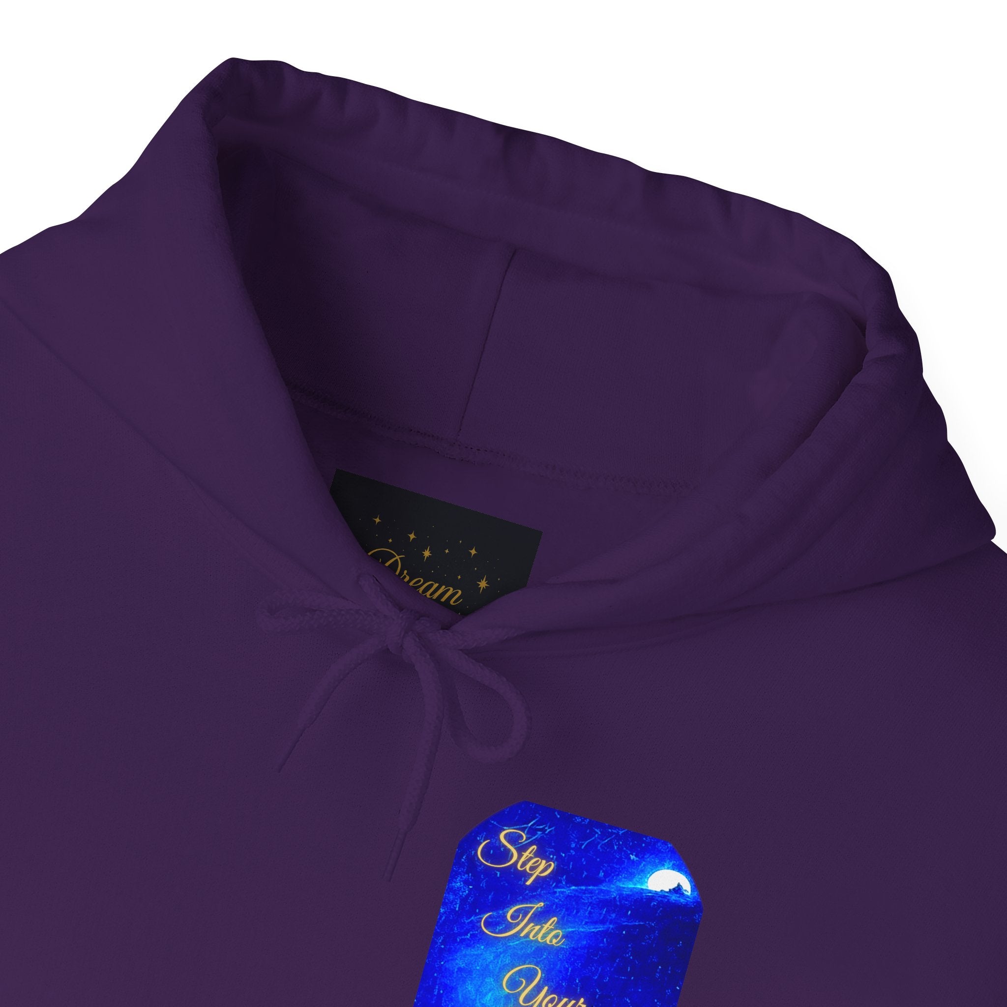 Step Into Your Dreams – Cosmic Gateway Back-print Hoodie | Tiny front badge | Gildan Heavy Blend™. Inspirational and Motivational Apparel, Gift for Dreamers, Creative Expression