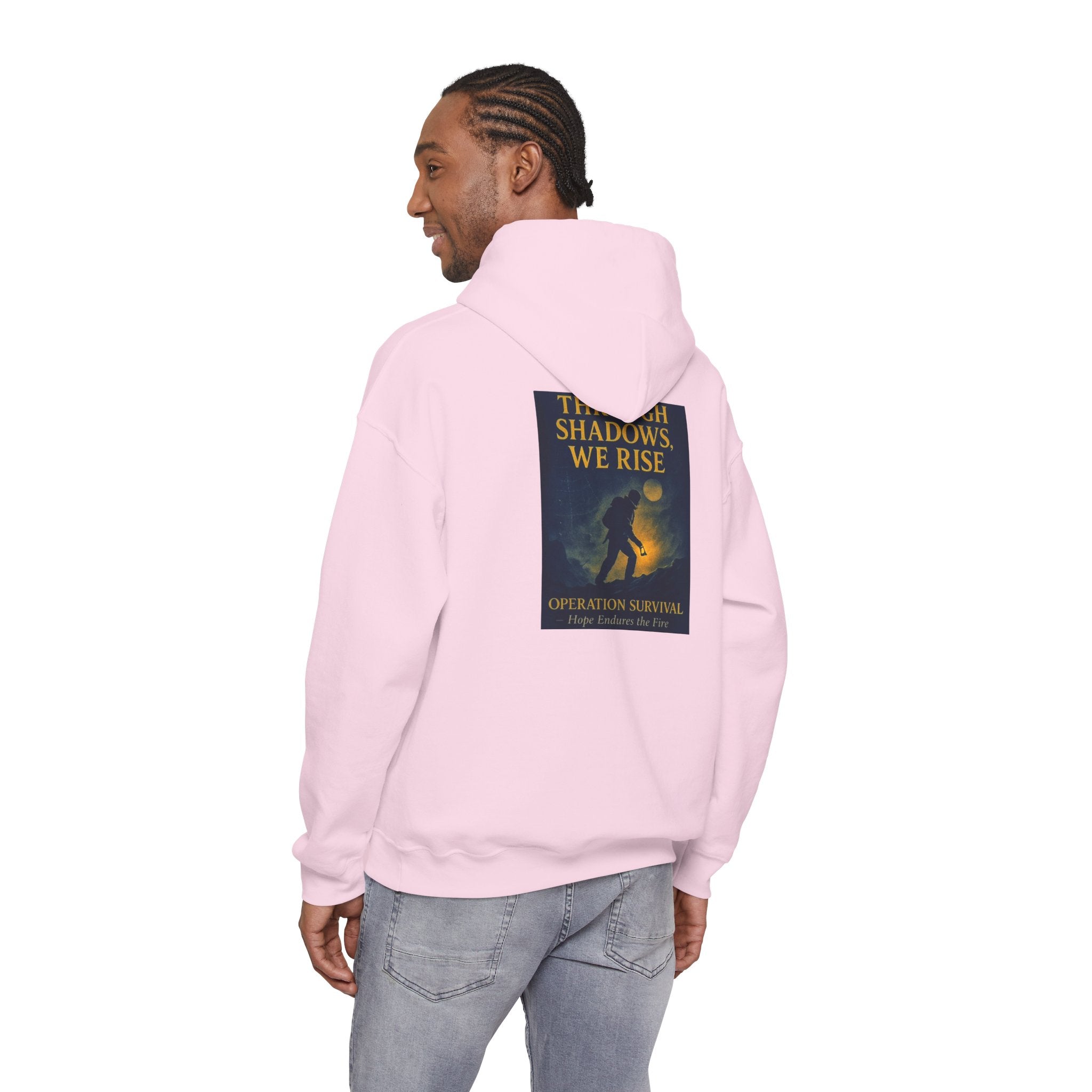 Through Shadows, We Rise – Back-print Cinematic Artwork Operation Survival Hoodie  | Gildan Heavy Blend™ 18500 — Inspirational and Motivational Apparel, Gift for Dreamers, Creative Expression Wear