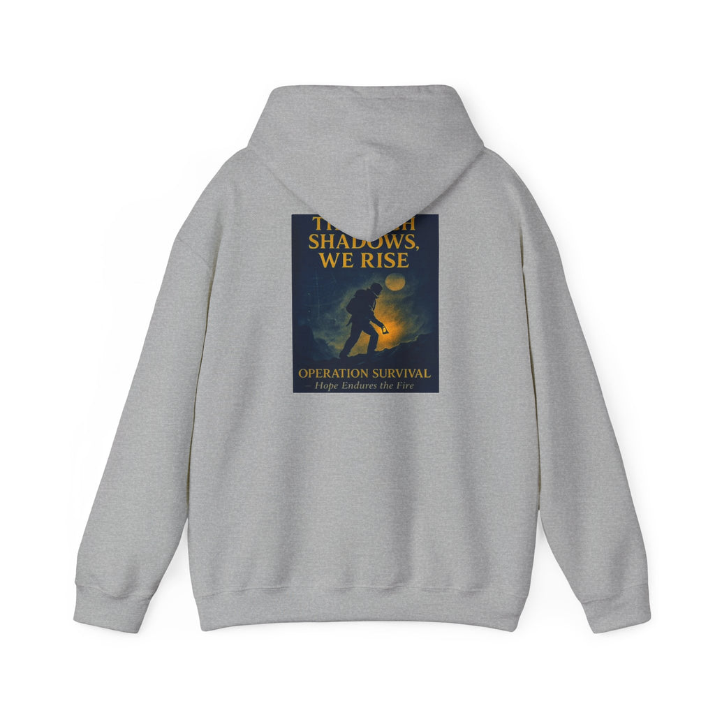 Through Shadows, We Rise – Back-print Cinematic Artwork Operation Survival Hoodie  | Gildan Heavy Blend™ 18500 — Inspirational and Motivational Apparel, Gift for Dreamers, Creative Expression Wear
