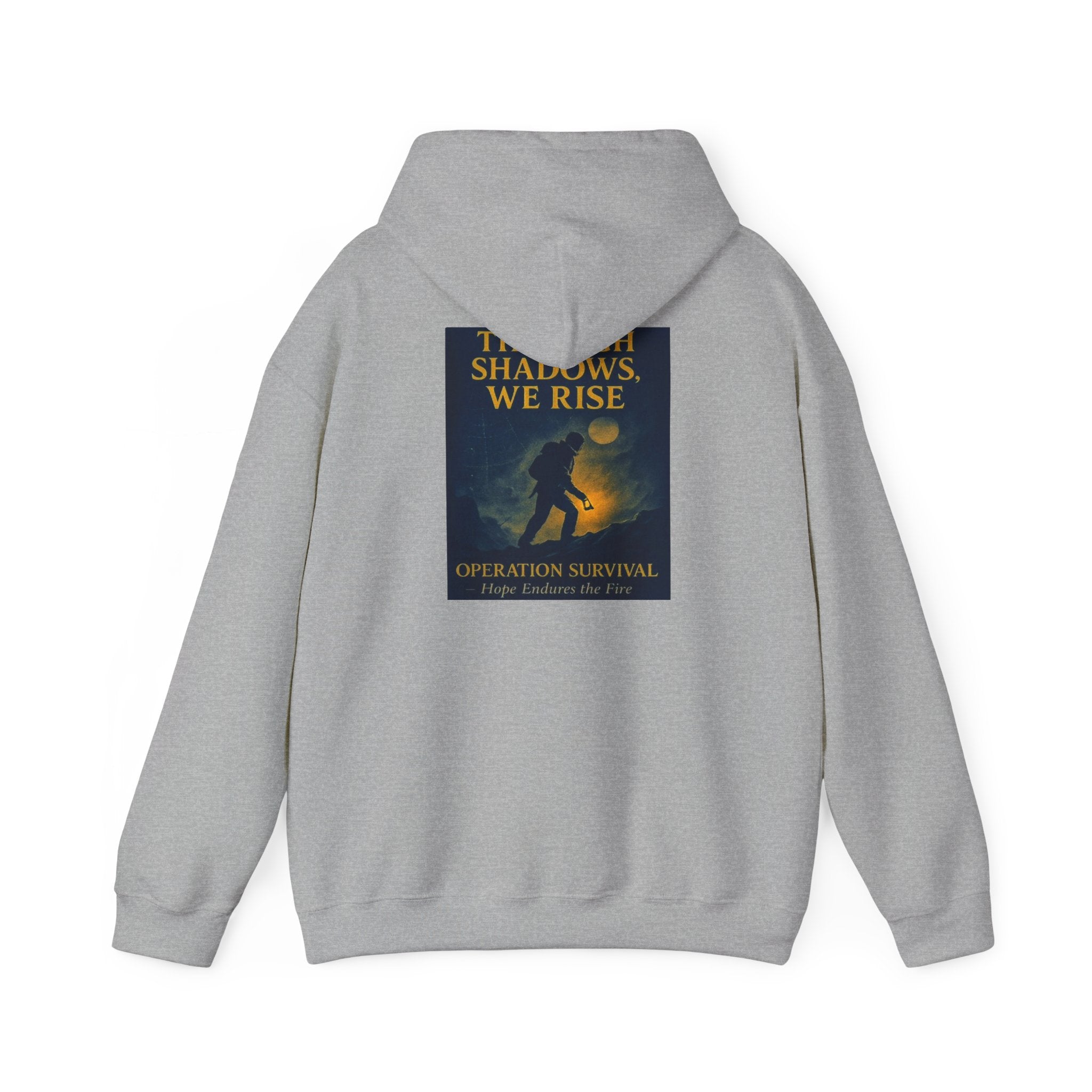 Through Shadows, We Rise – Back-print Cinematic Artwork Operation Survival Hoodie  | Gildan Heavy Blend™ 18500 — Inspirational and Motivational Apparel, Gift for Dreamers, Creative Expression Wear