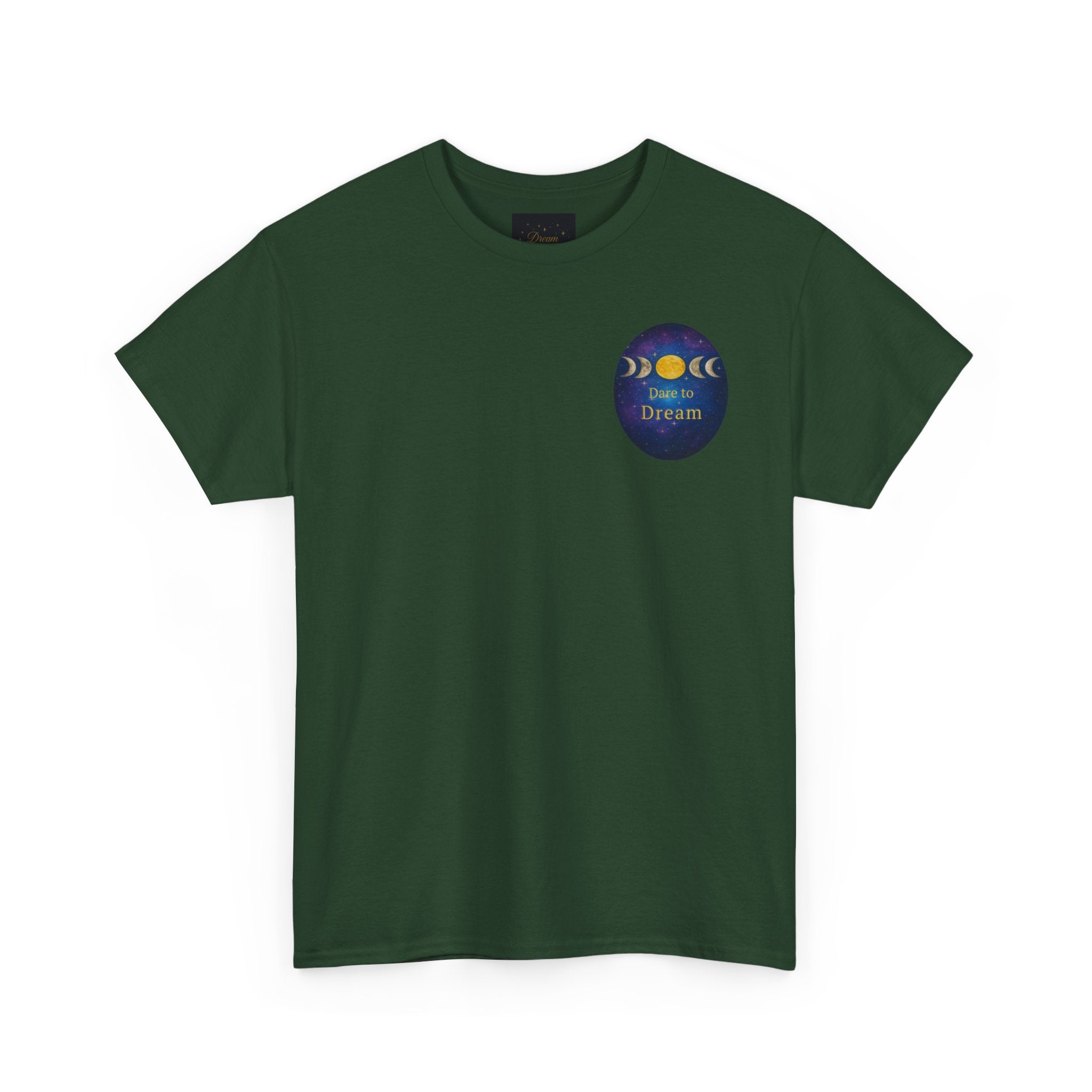 Dare to Dream Moon-Phase Tee – Golden Full Moon Back Print + Front Badge | Gildan 5000 Heavy Cotton, Inspirational and Motivational Apparel, Gift for Dreamers, Creative Expression Wear