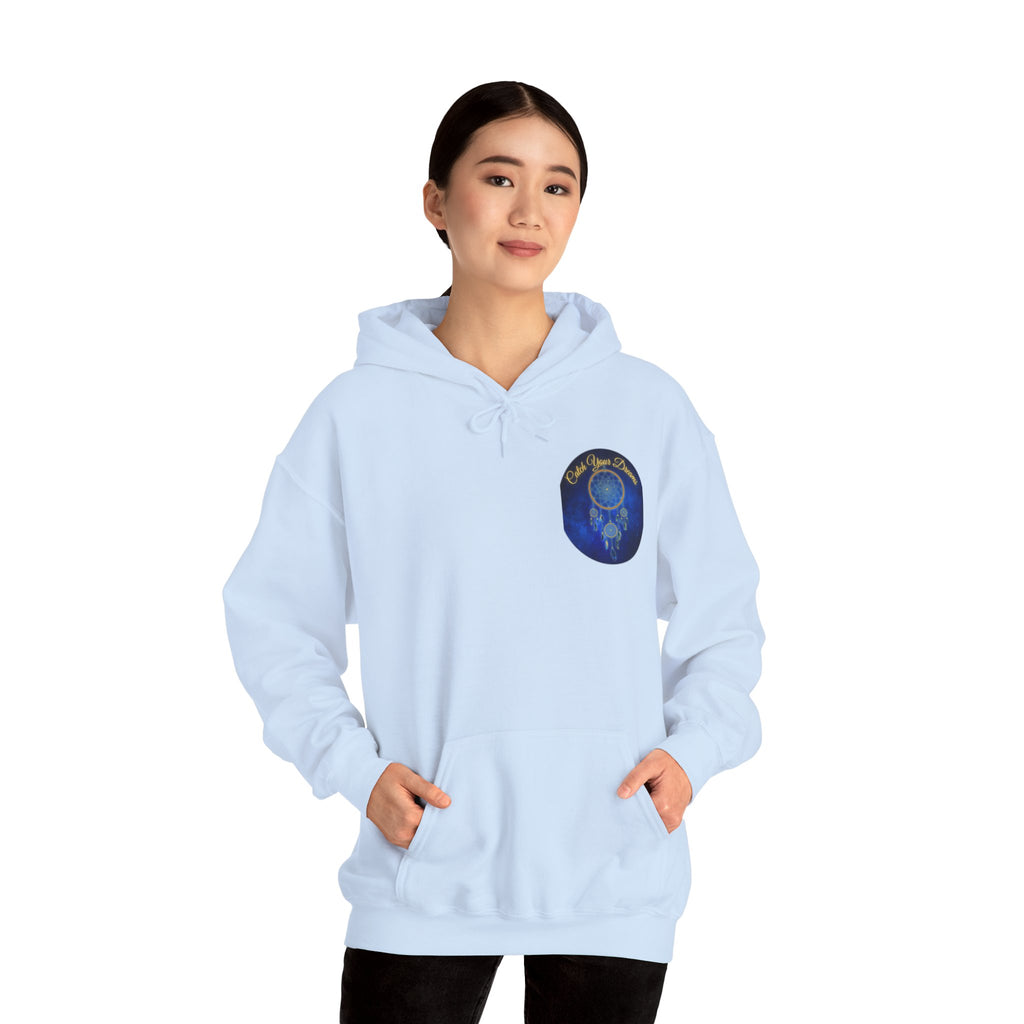 Catch Your Dream – Dreamcatcher Back Print Hooded Sweatshirt, Inspirational and Motivational Apparel, Gift for Dreamers, Creative Expression Wear