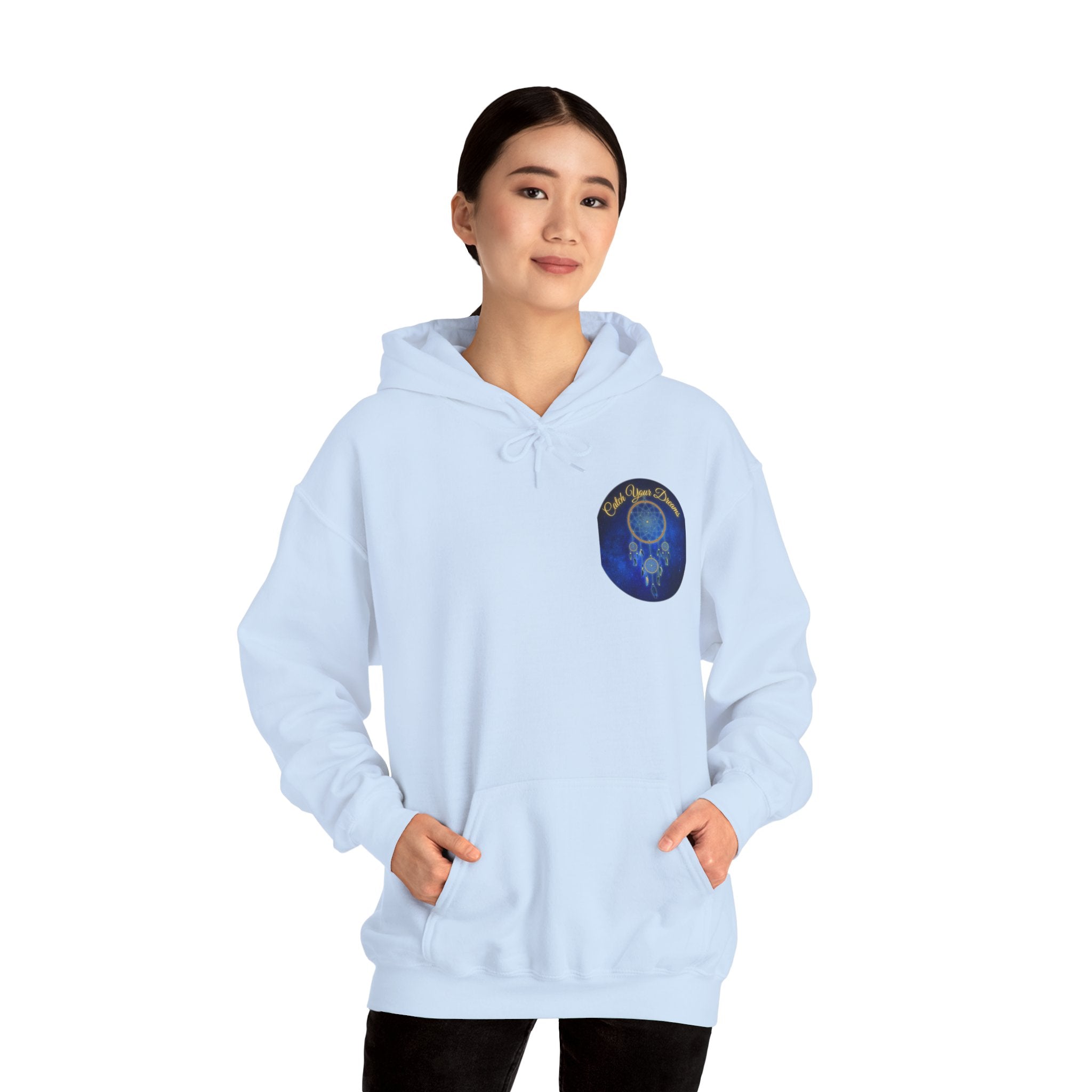 Catch Your Dream – Dreamcatcher Back Print Hooded Sweatshirt, Inspirational and Motivational Apparel, Gift for Dreamers, Creative Expression Wear