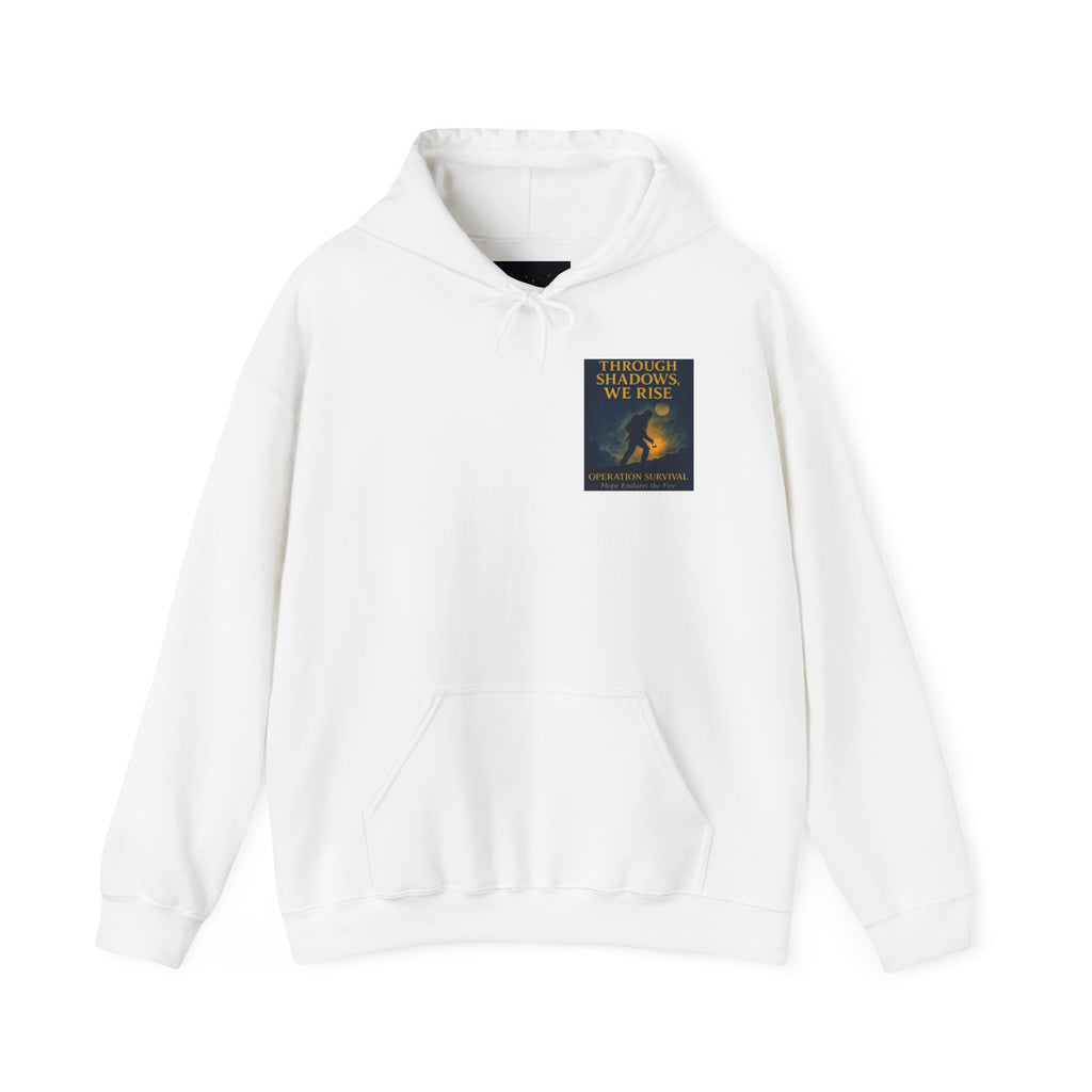 Through Shadows, We Rise – Back-print Cinematic Artwork Operation Survival Hoodie  | Gildan Heavy Blend™ 18500 — Inspirational and Motivational Apparel, Gift for Dreamers, Creative Expression Wear